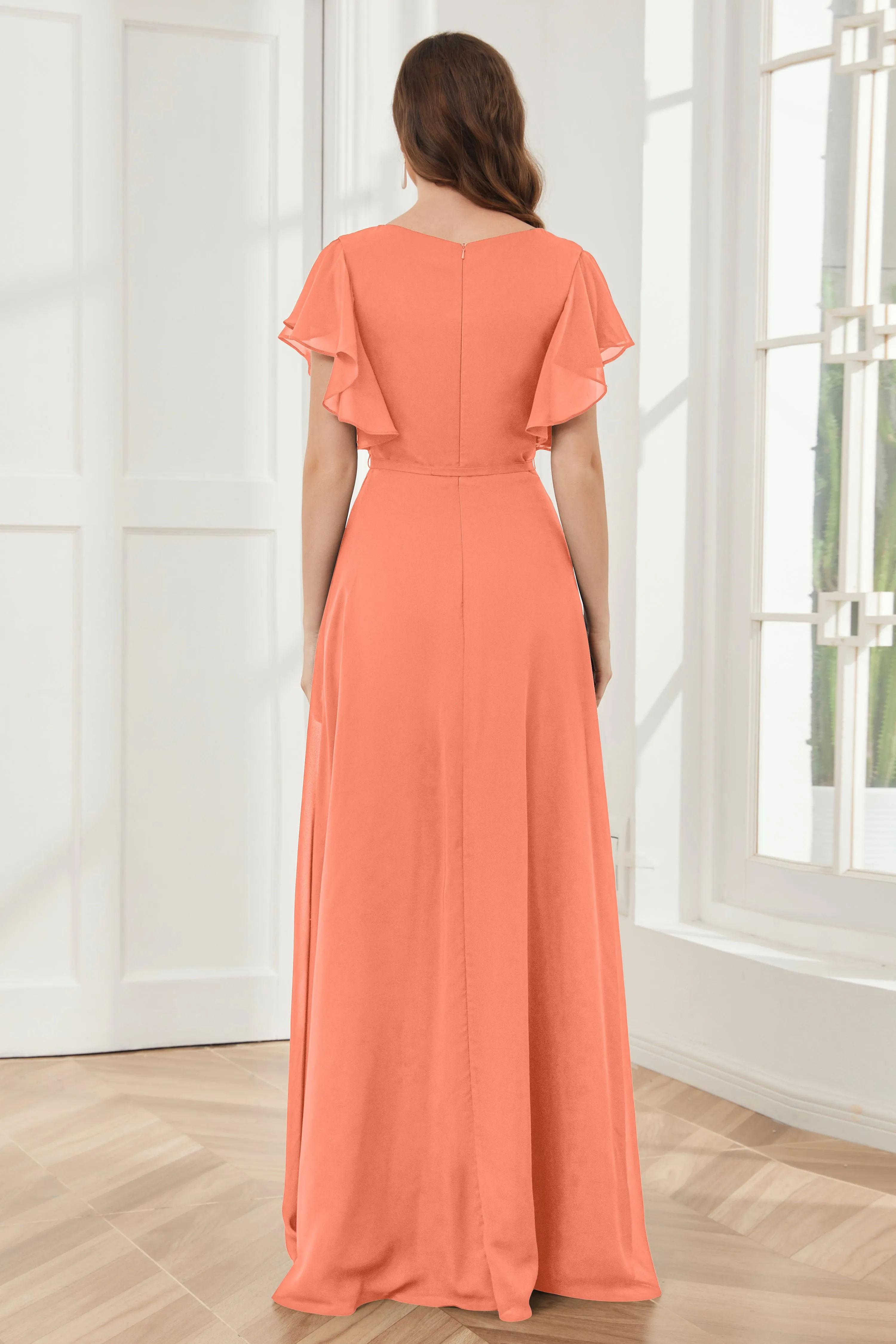 V-neck Ruffles Sleeves Chiffon Bridesmaid Dresses with Slit