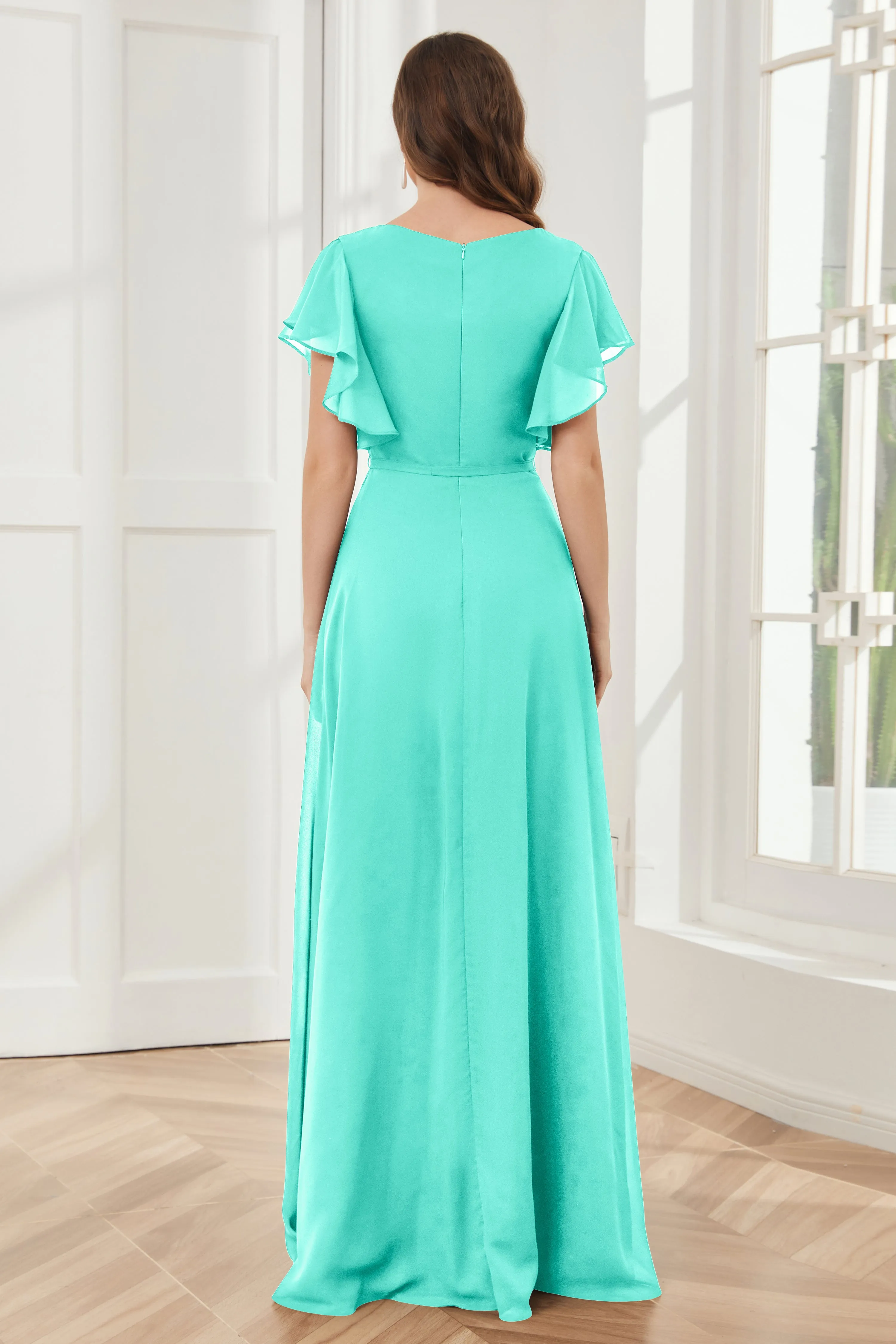 V-neck Ruffles Sleeves Chiffon Bridesmaid Dresses with Slit