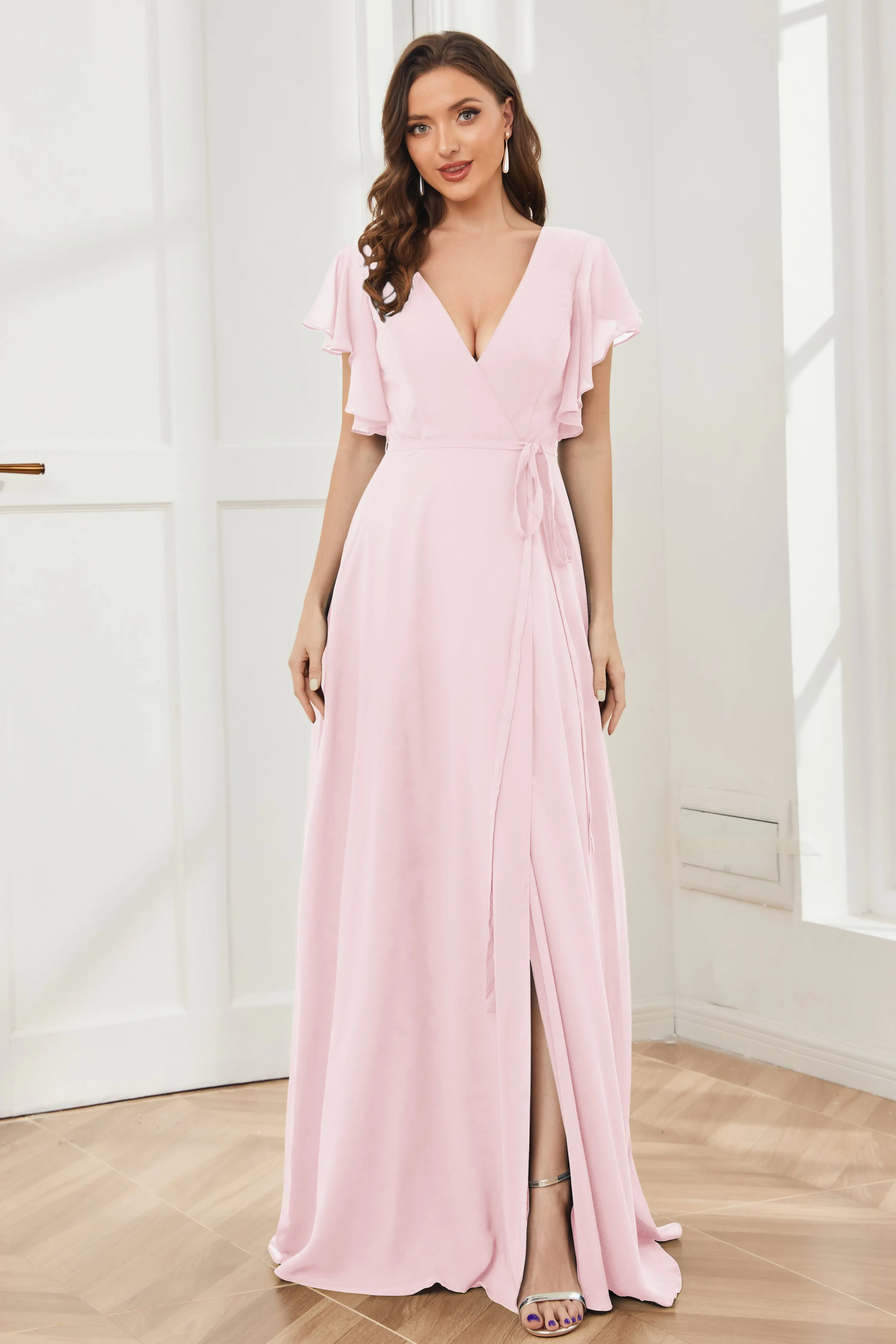 V-neck Ruffles Sleeves Chiffon Bridesmaid Dresses with Slit