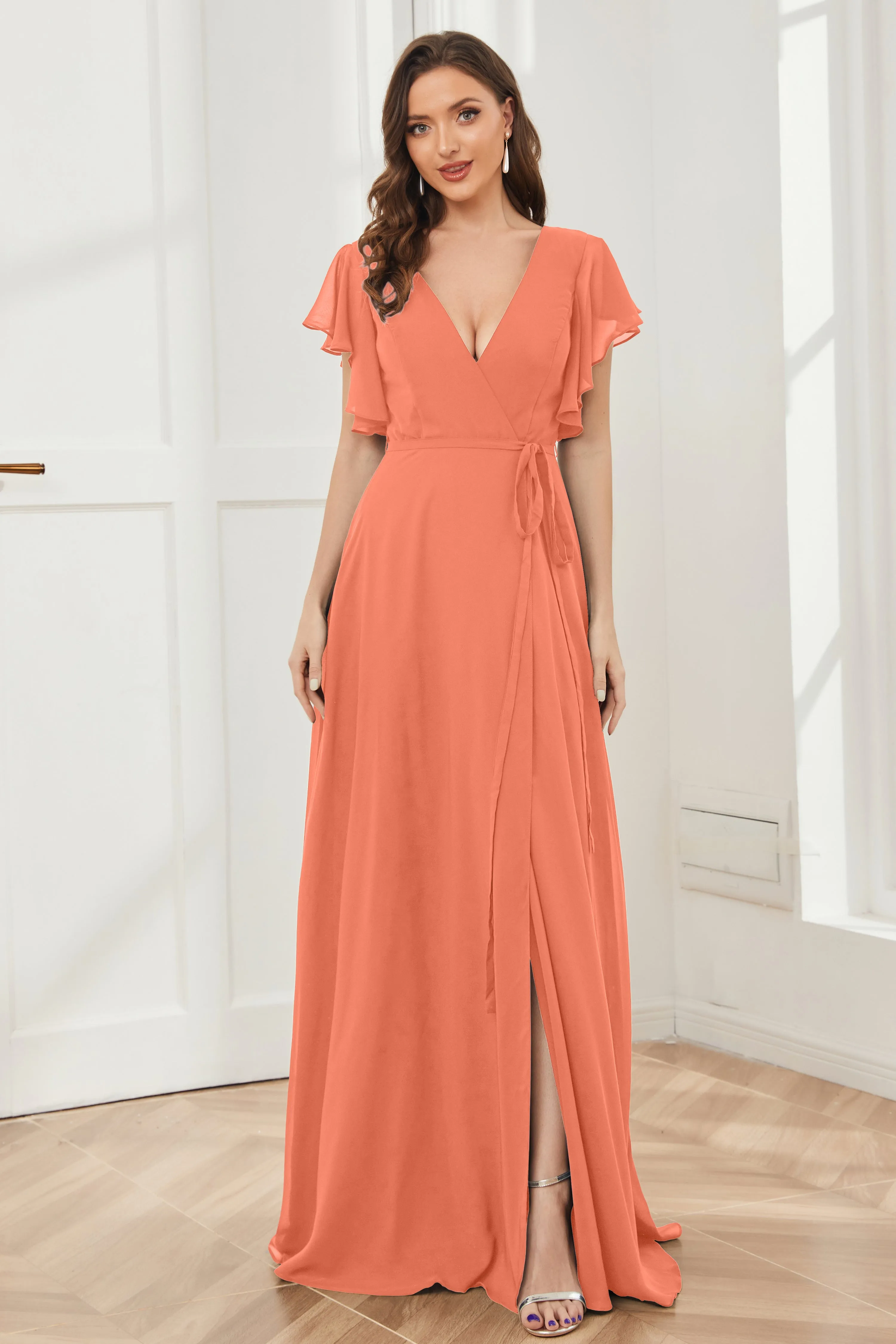 V-neck Ruffles Sleeves Chiffon Bridesmaid Dresses with Slit