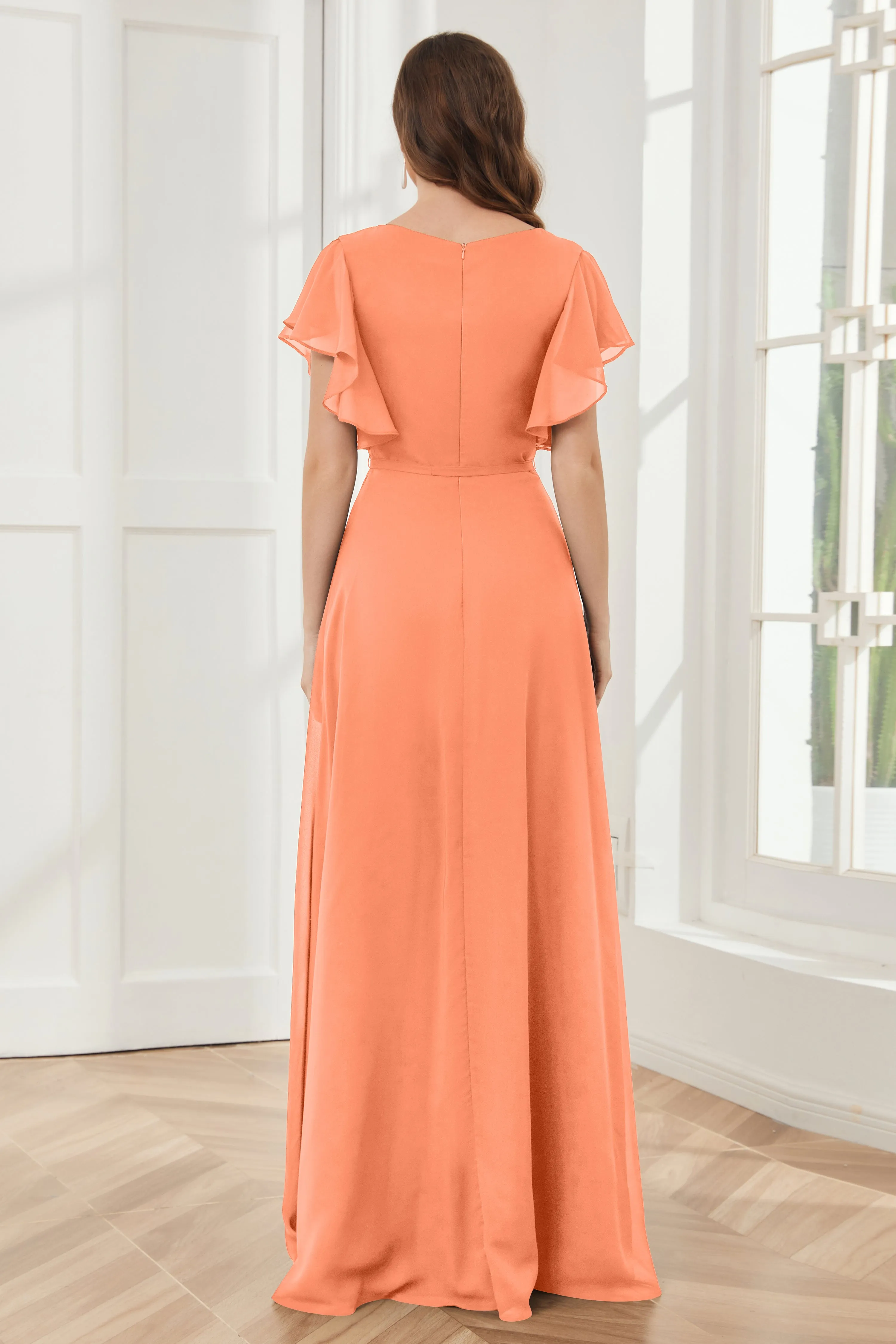 V-neck Ruffles Sleeves Chiffon Bridesmaid Dresses with Slit