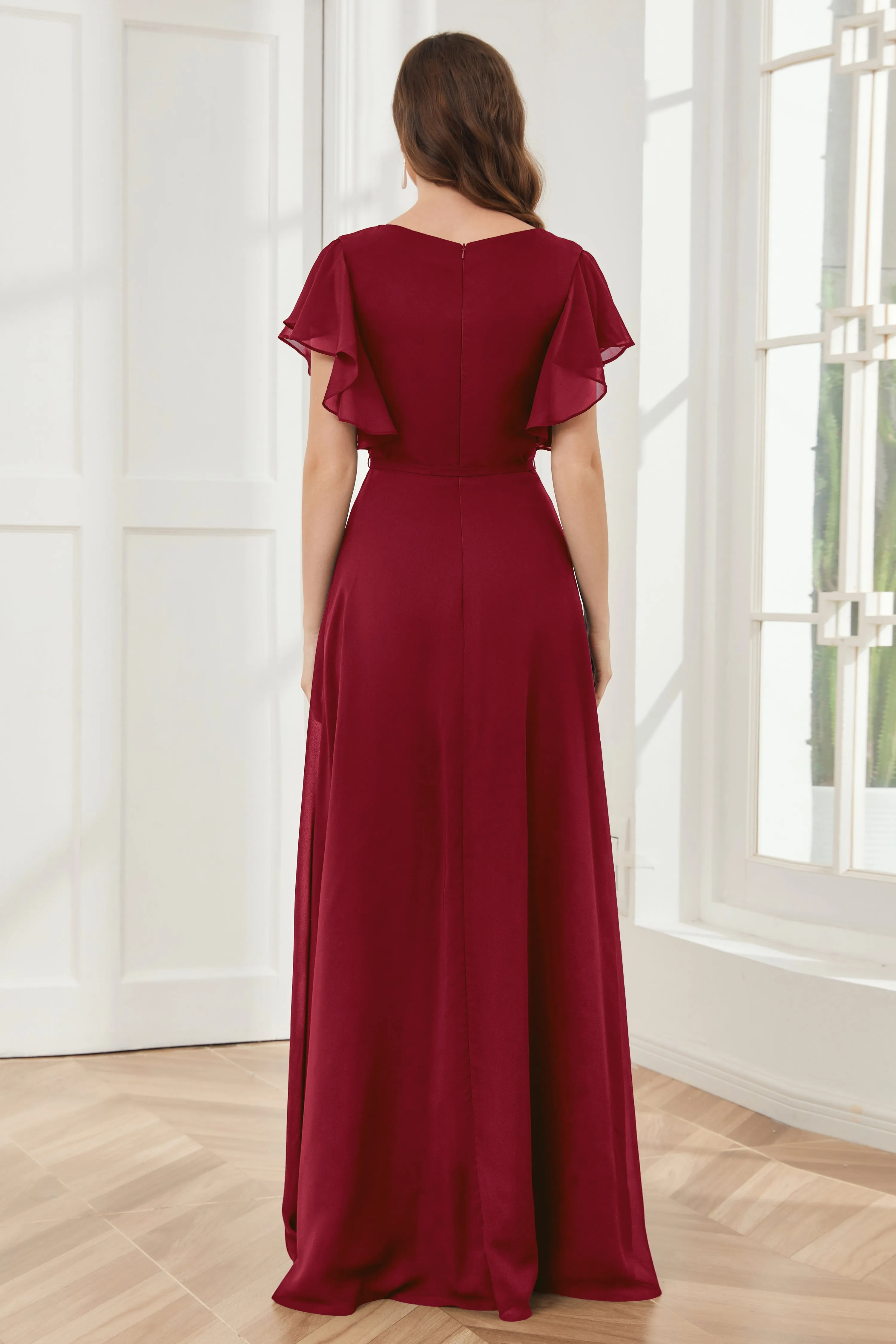 V-neck Ruffles Sleeves Chiffon Bridesmaid Dresses with Slit