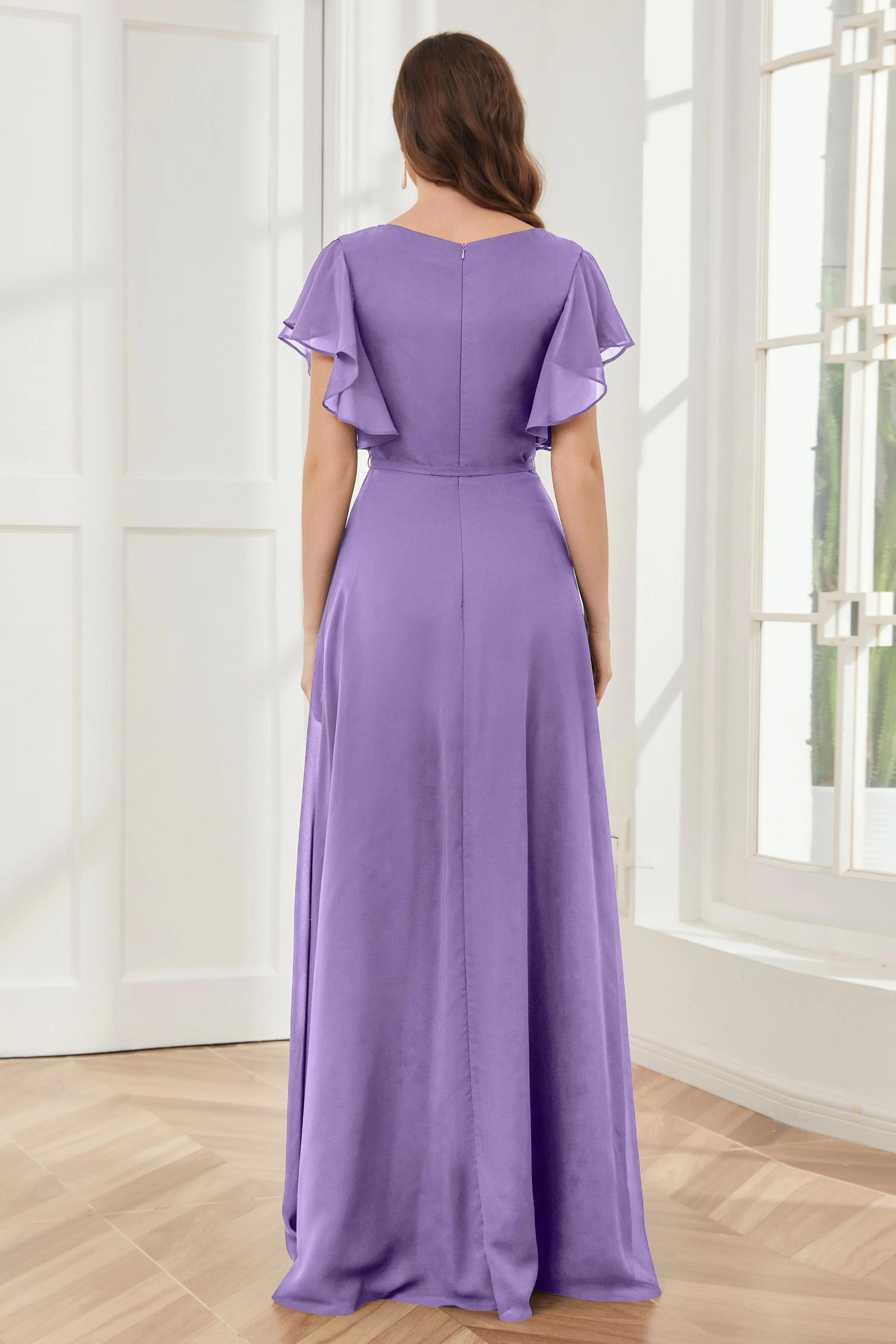 V-neck Ruffles Sleeves Chiffon Bridesmaid Dresses with Slit