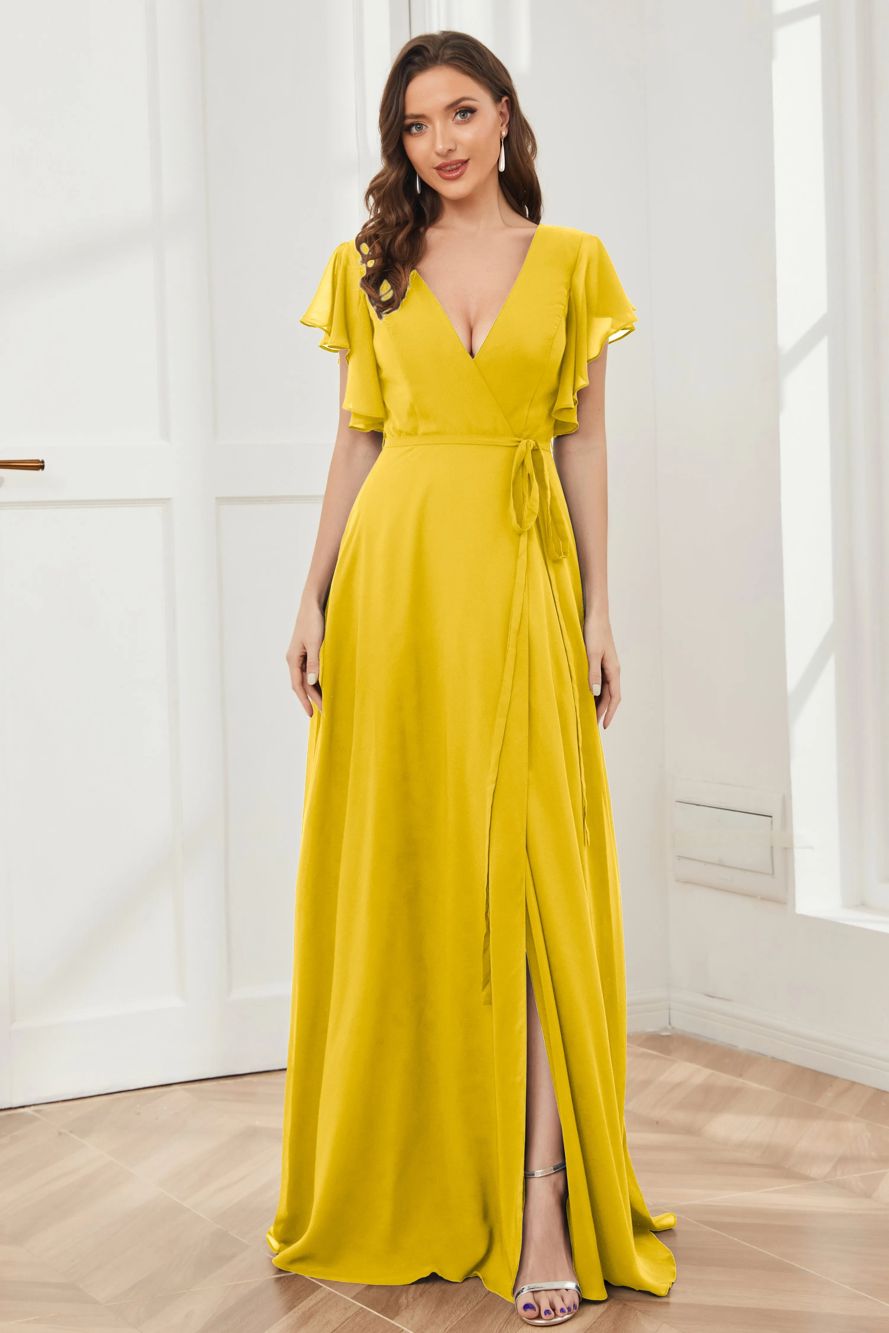 V-neck Ruffles Sleeves Chiffon Bridesmaid Dresses with Slit