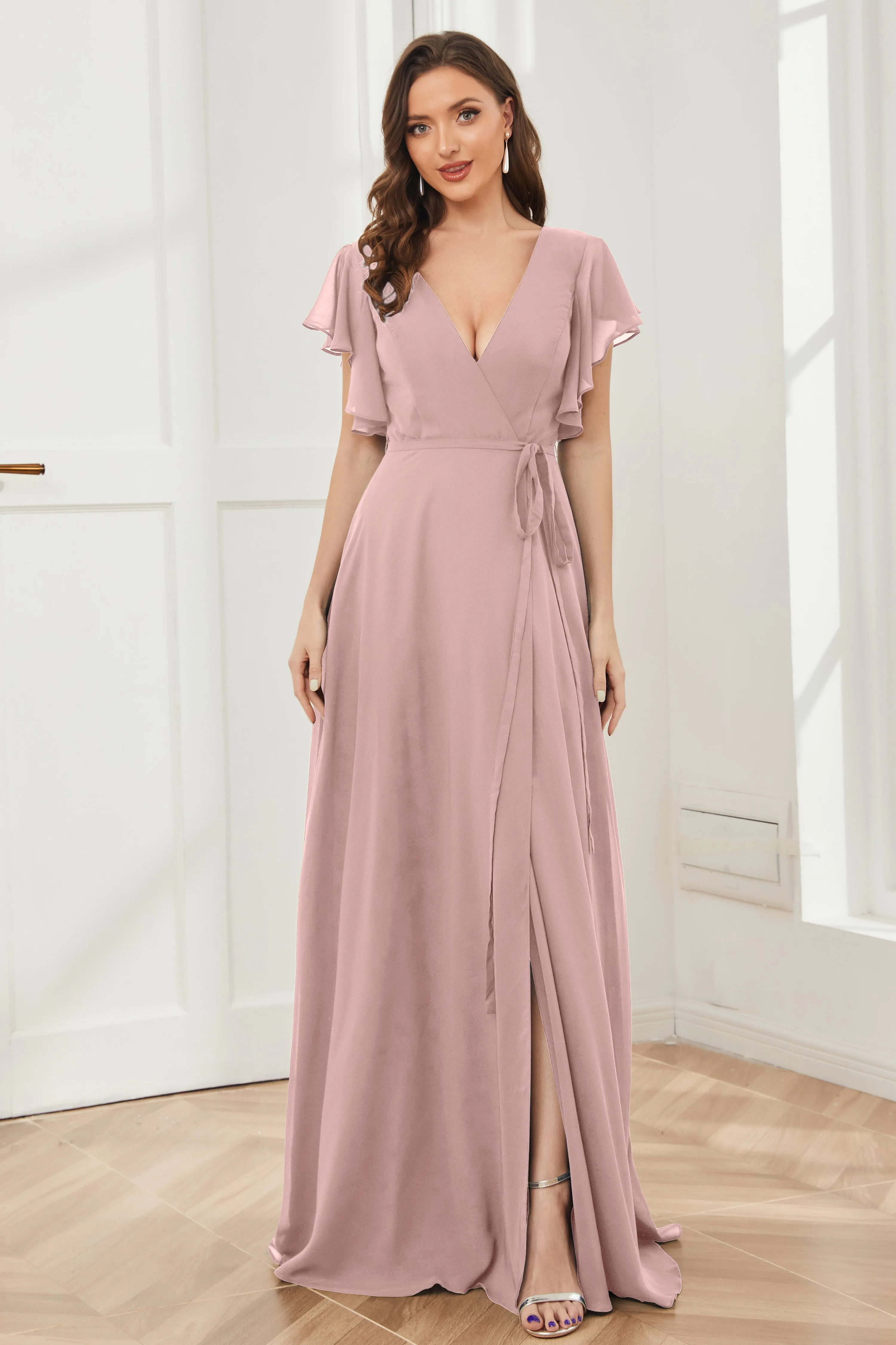 V-neck Ruffles Sleeves Chiffon Bridesmaid Dresses with Slit