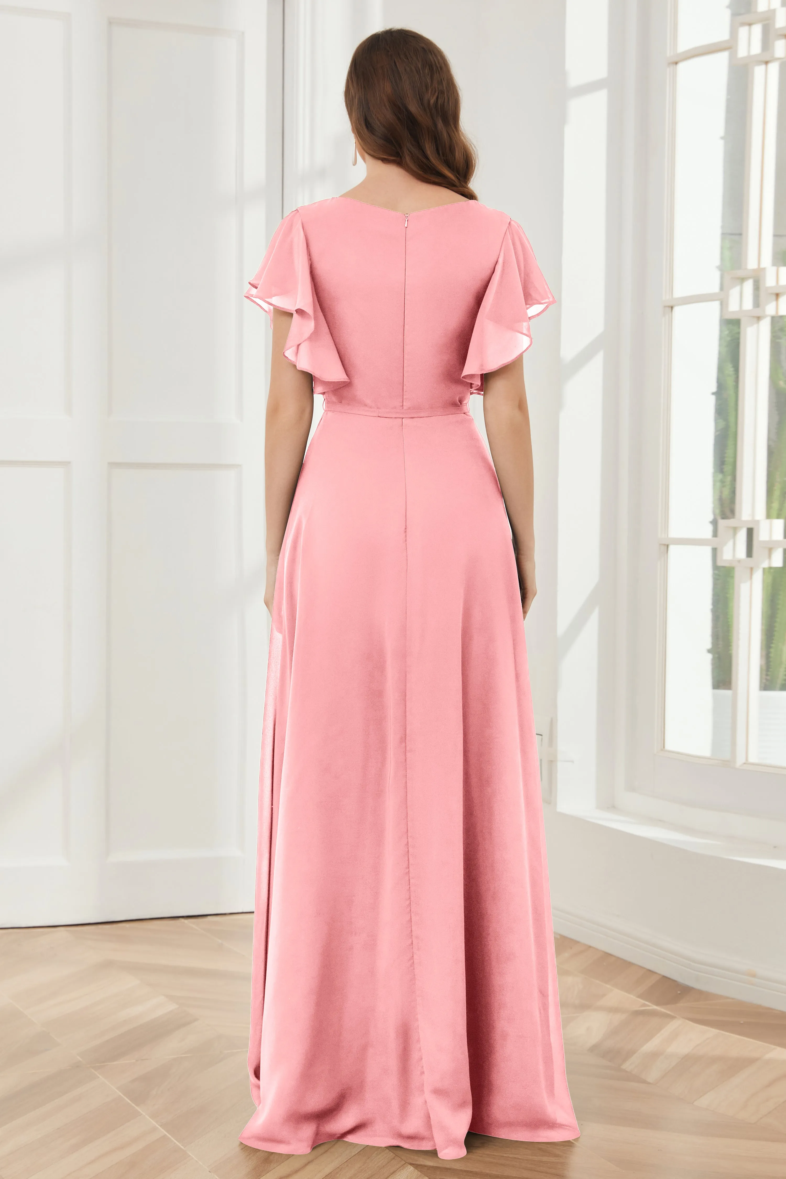 V-neck Ruffles Sleeves Chiffon Bridesmaid Dresses with Slit