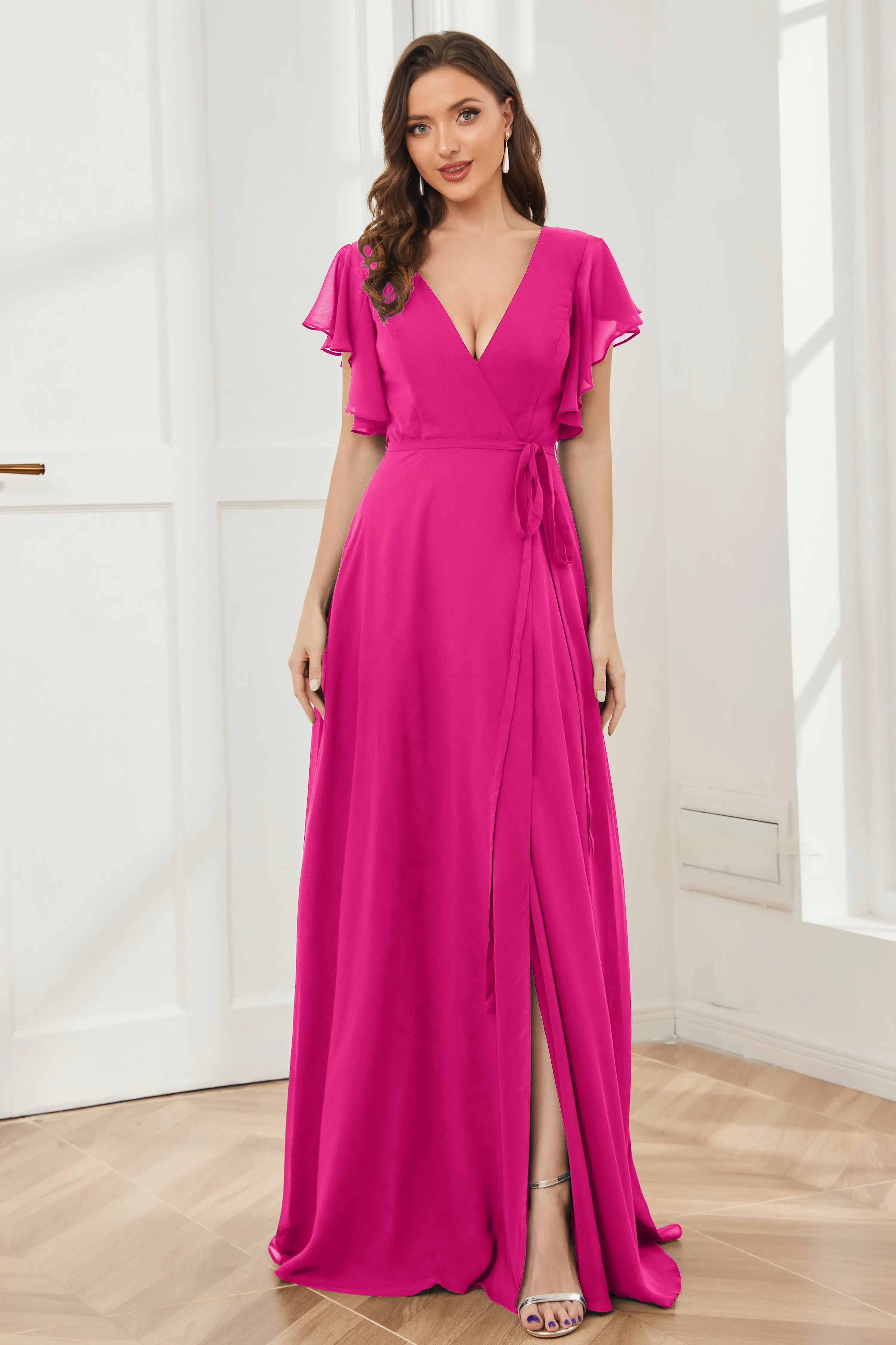 V-neck Ruffles Sleeves Chiffon Bridesmaid Dresses with Slit