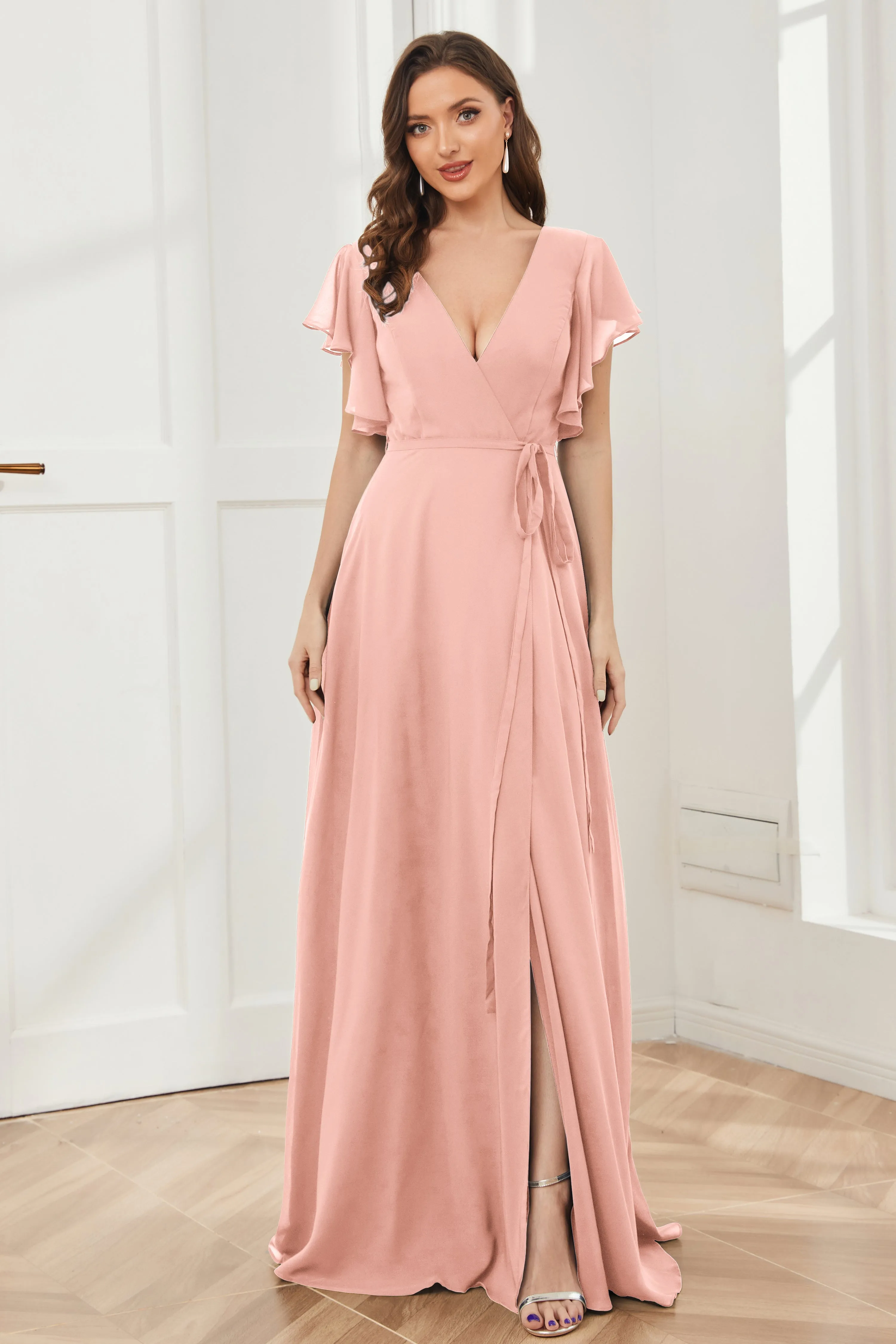 V-neck Ruffles Sleeves Chiffon Bridesmaid Dresses with Slit