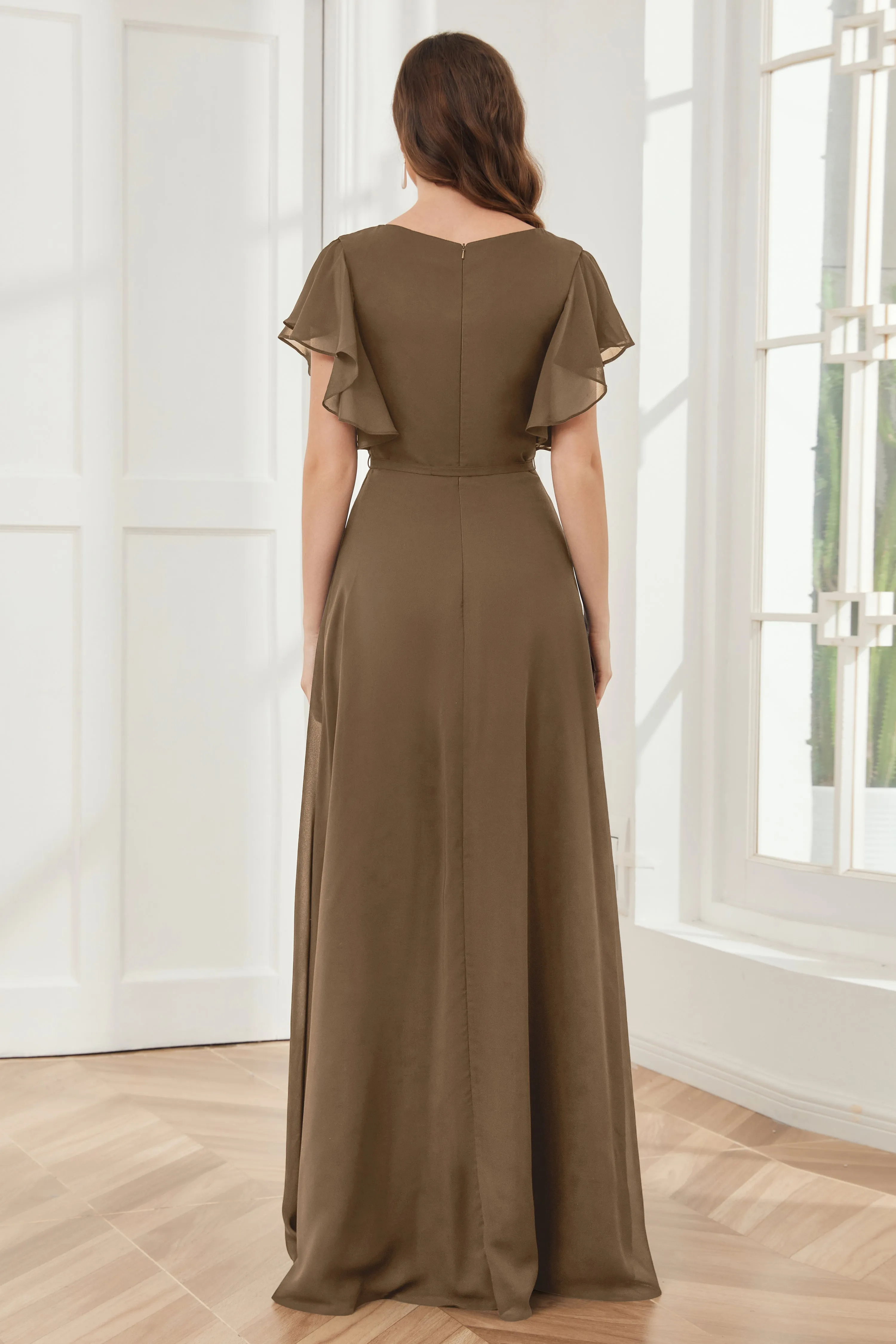 V-neck Ruffles Sleeves Chiffon Bridesmaid Dresses with Slit