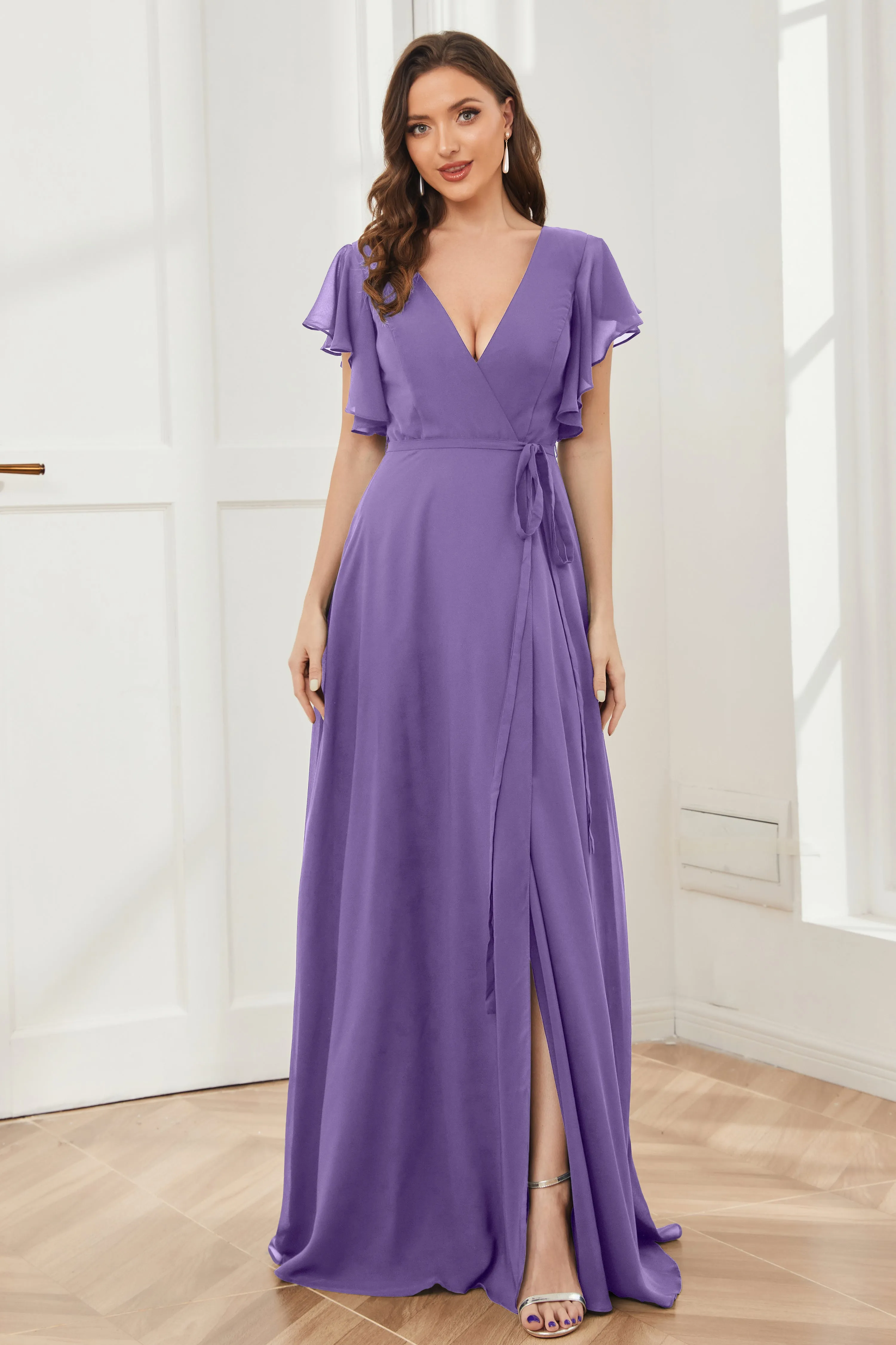 V-neck Ruffles Sleeves Chiffon Bridesmaid Dresses with Slit