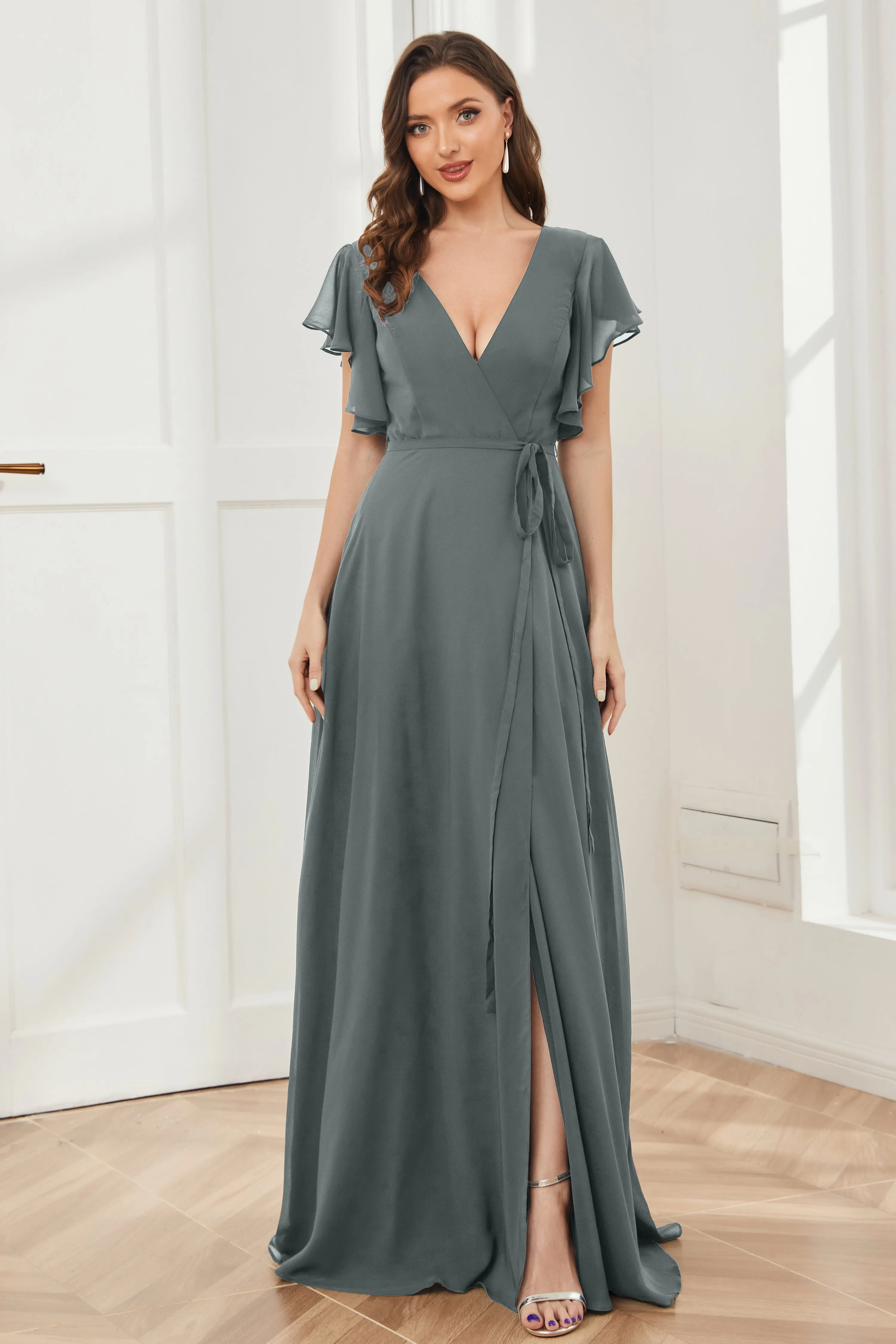 V-neck Ruffles Sleeves Chiffon Bridesmaid Dresses with Slit