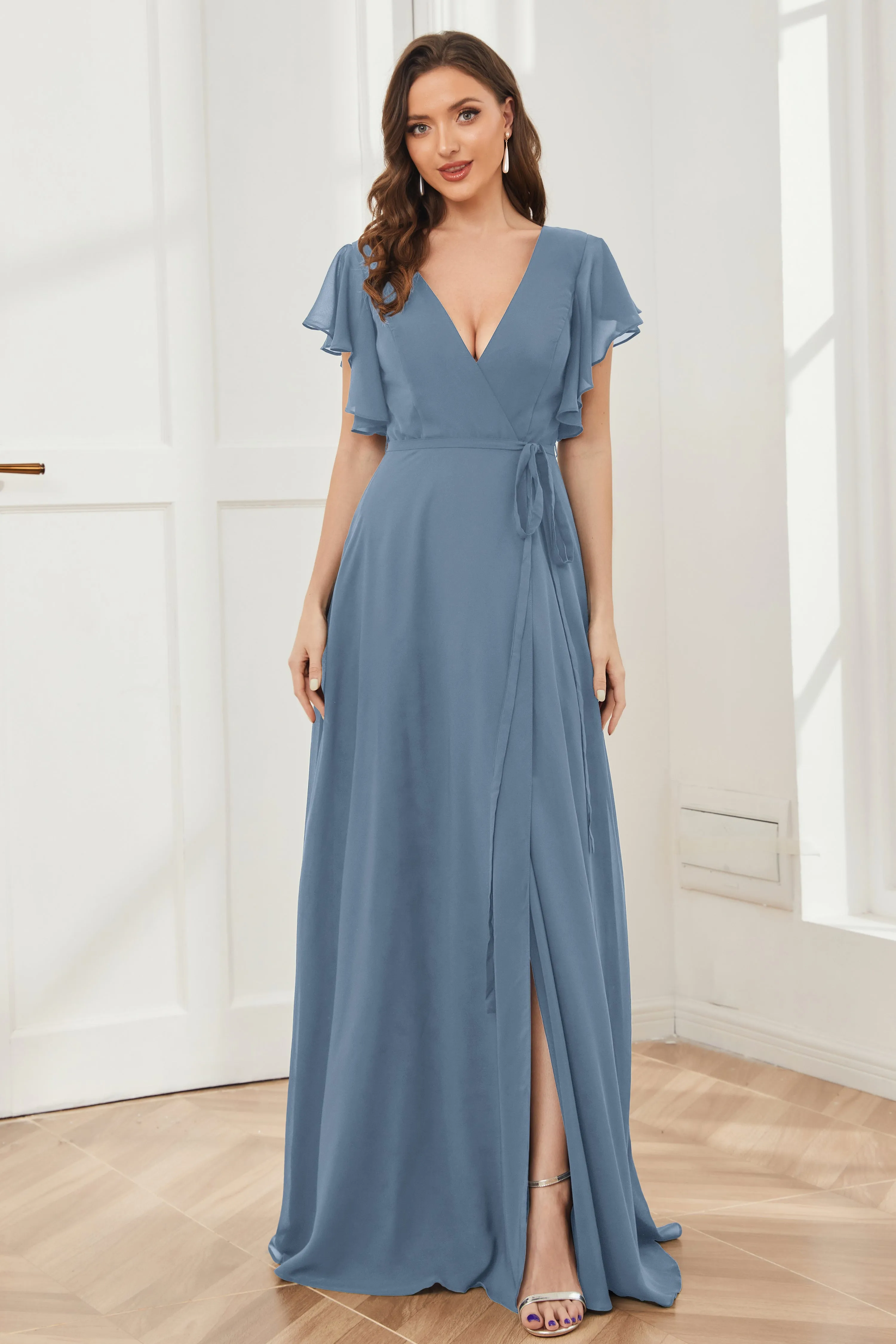 V-neck Ruffles Sleeves Chiffon Bridesmaid Dresses with Slit