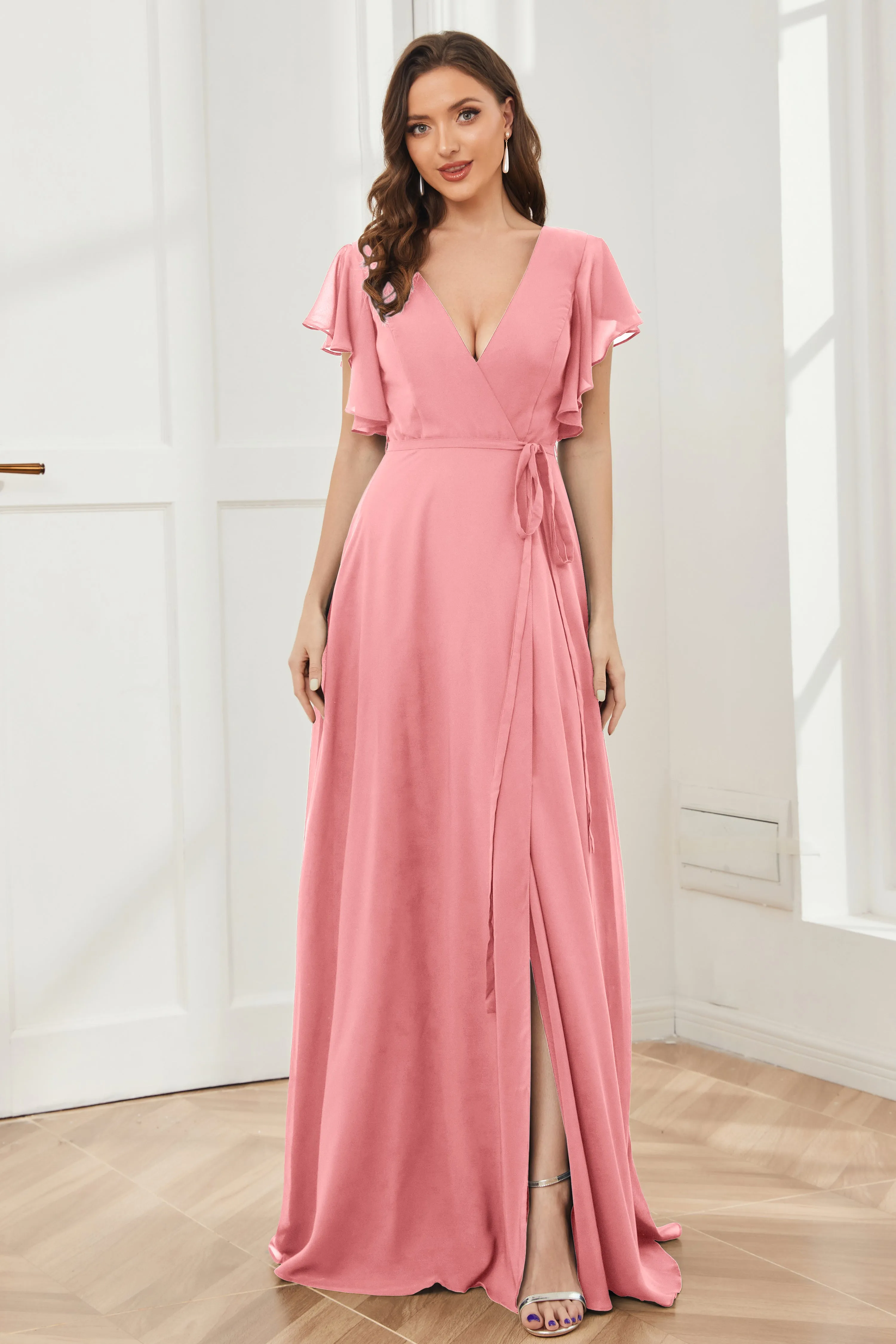 V-neck Ruffles Sleeves Chiffon Bridesmaid Dresses with Slit