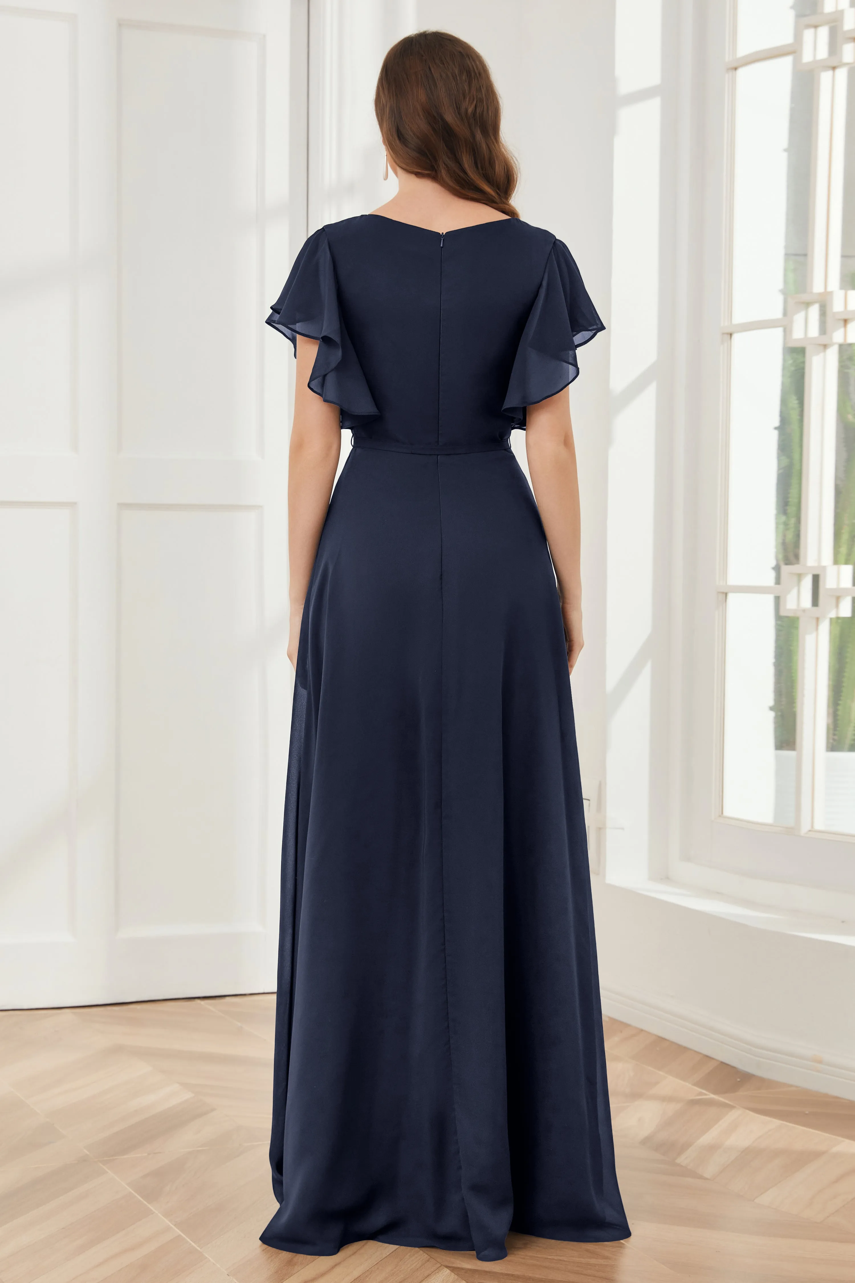 V-neck Ruffles Sleeves Chiffon Bridesmaid Dresses with Slit