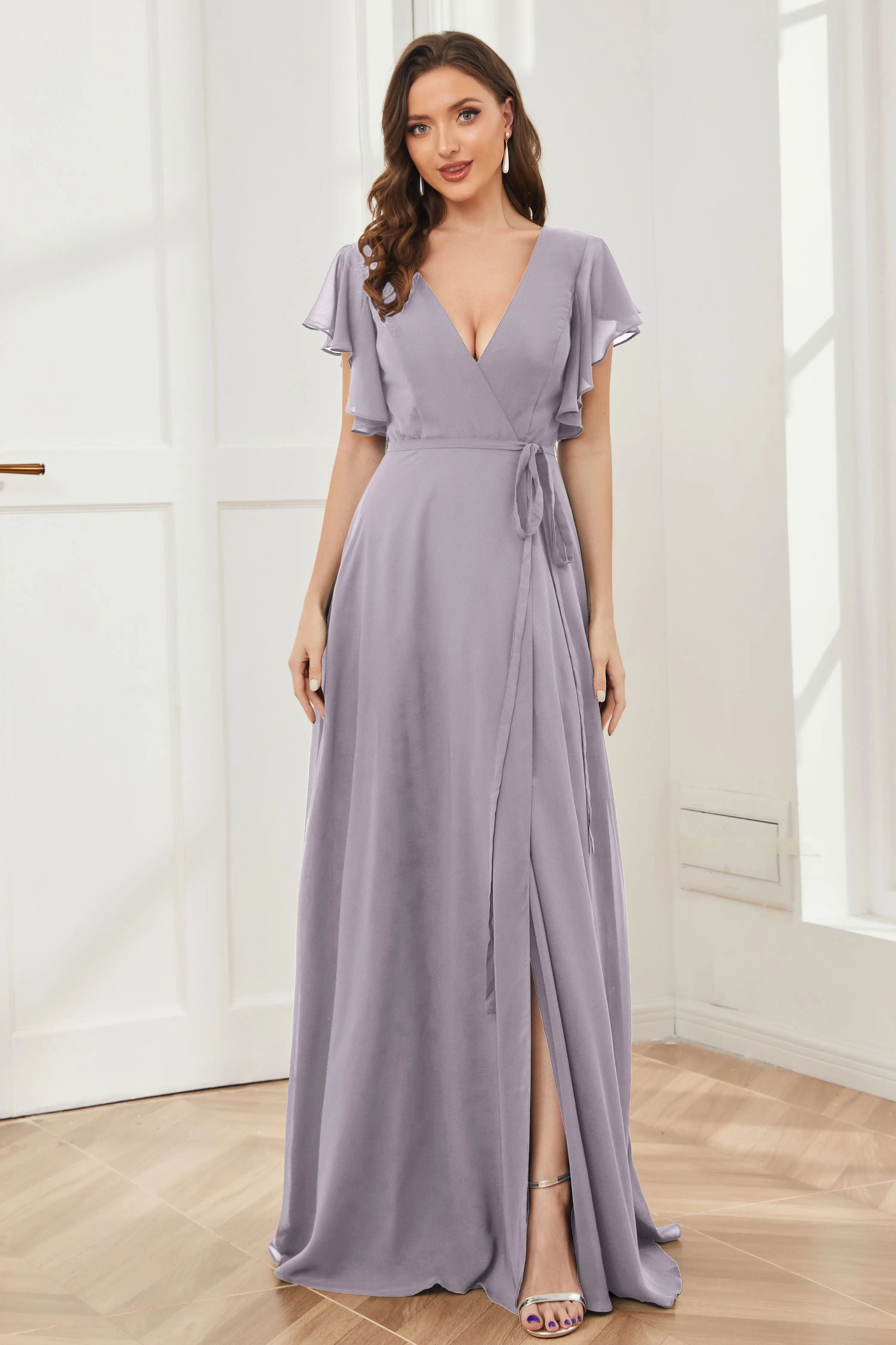 V-neck Ruffles Sleeves Chiffon Bridesmaid Dresses with Slit