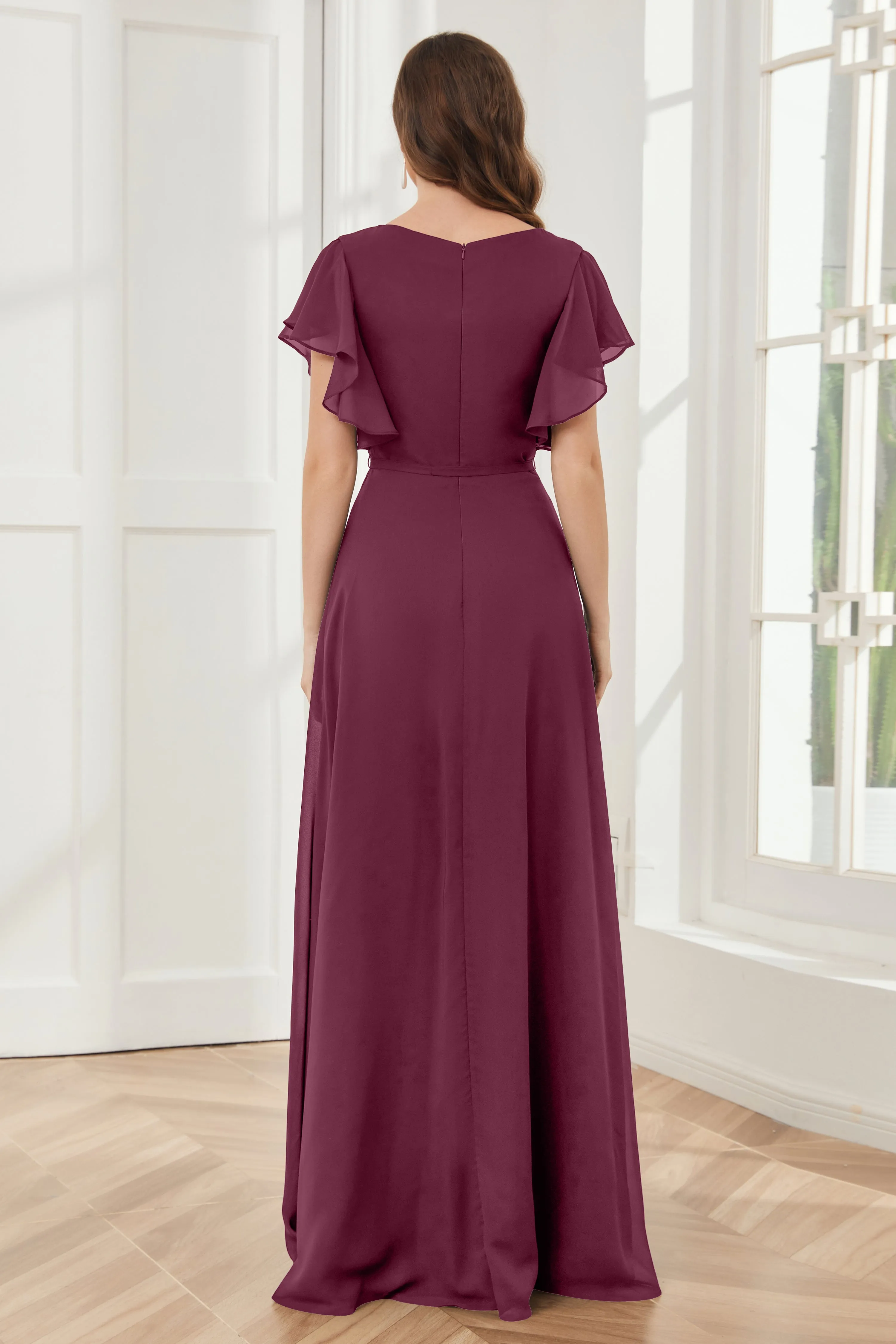 V-neck Ruffles Sleeves Chiffon Bridesmaid Dresses with Slit