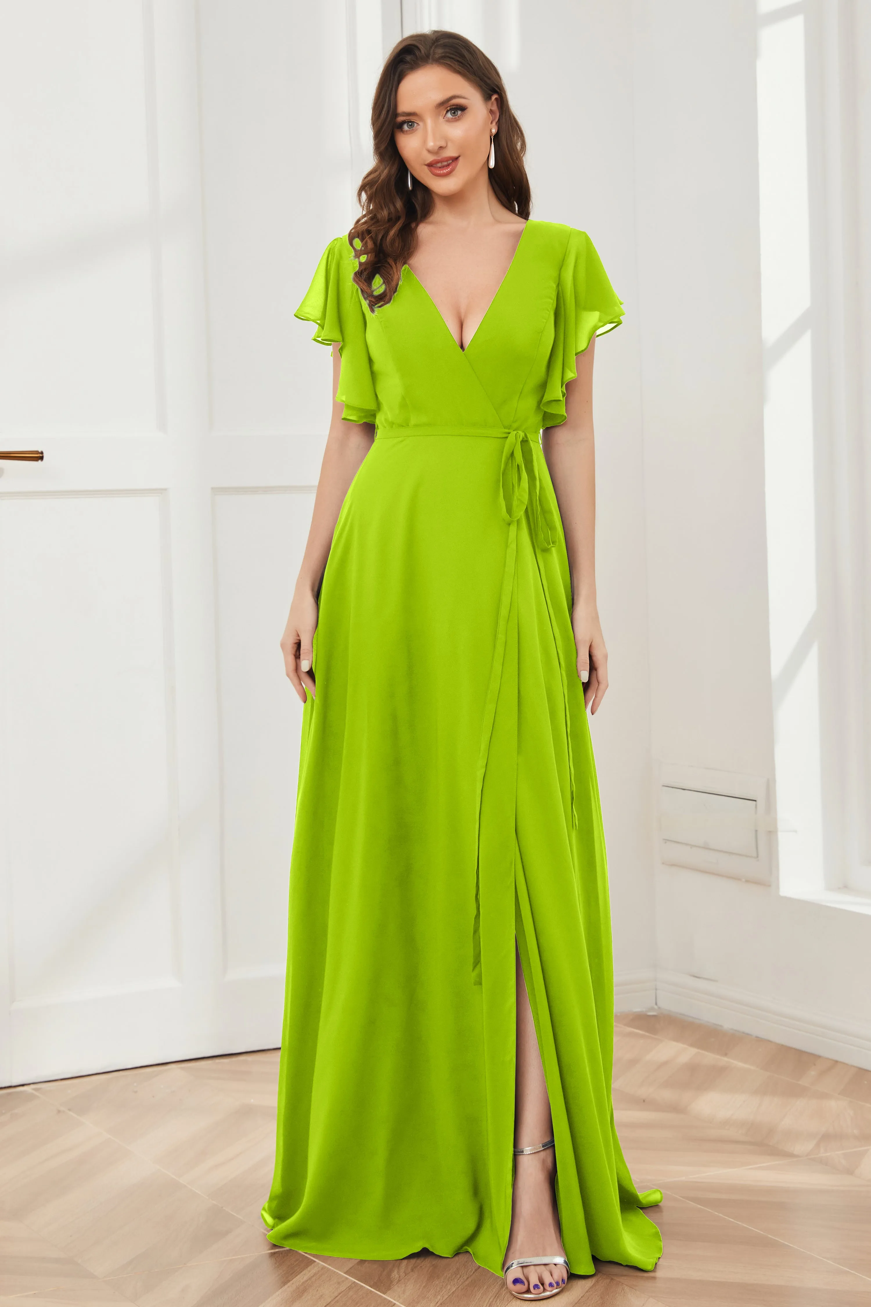 V-neck Ruffles Sleeves Chiffon Bridesmaid Dresses with Slit