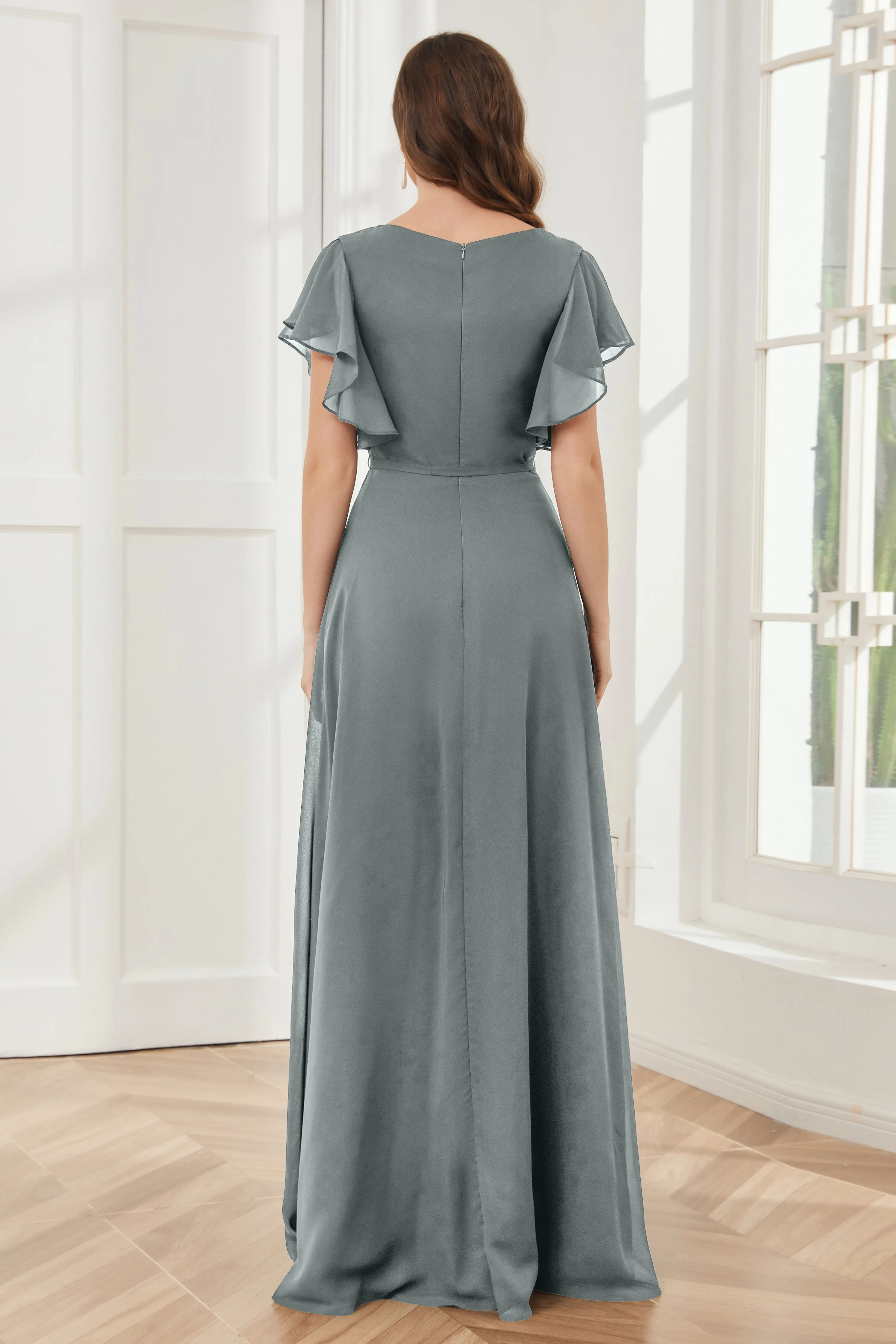 V-neck Ruffles Sleeves Chiffon Bridesmaid Dresses with Slit