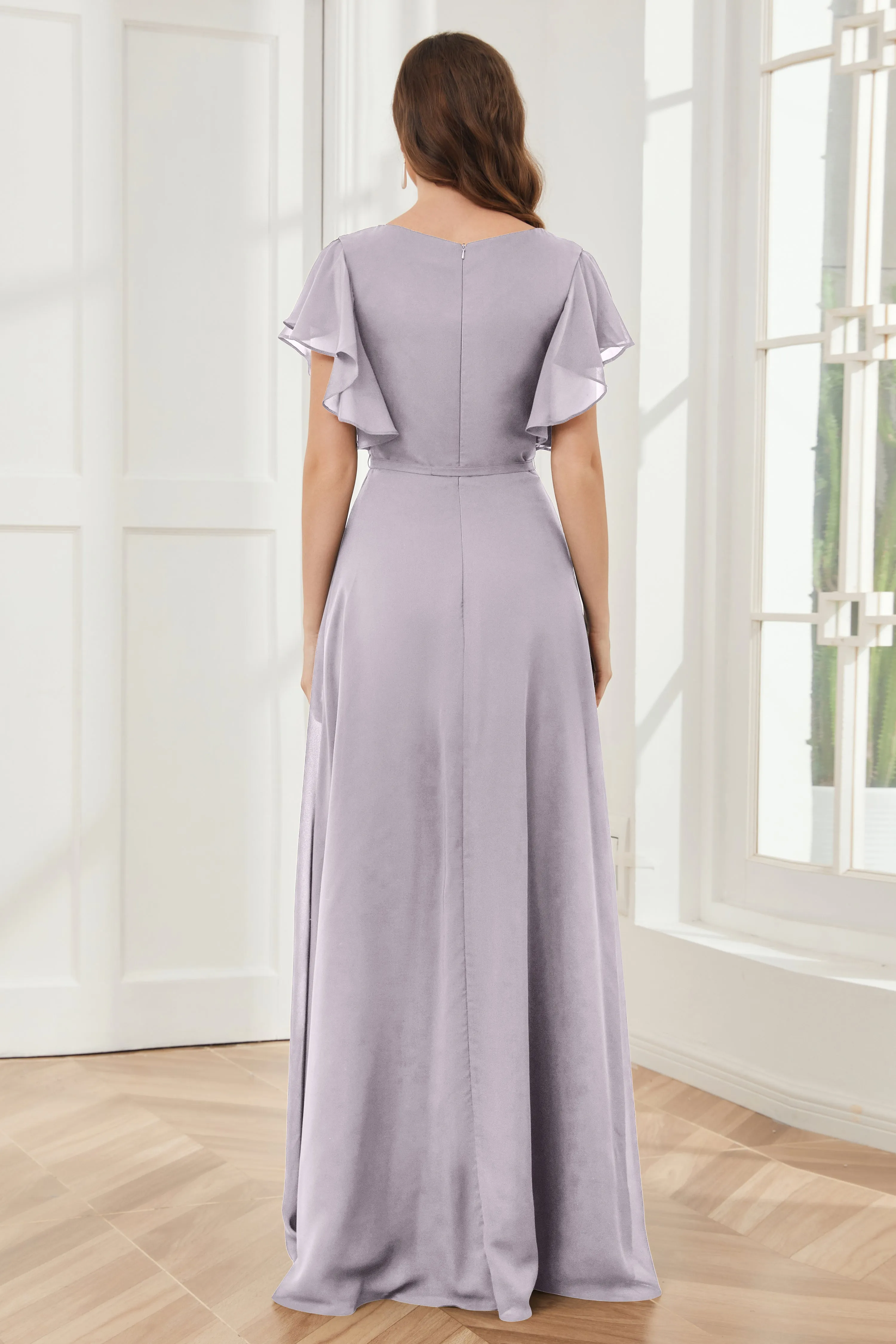 V-neck Ruffles Sleeves Chiffon Bridesmaid Dresses with Slit