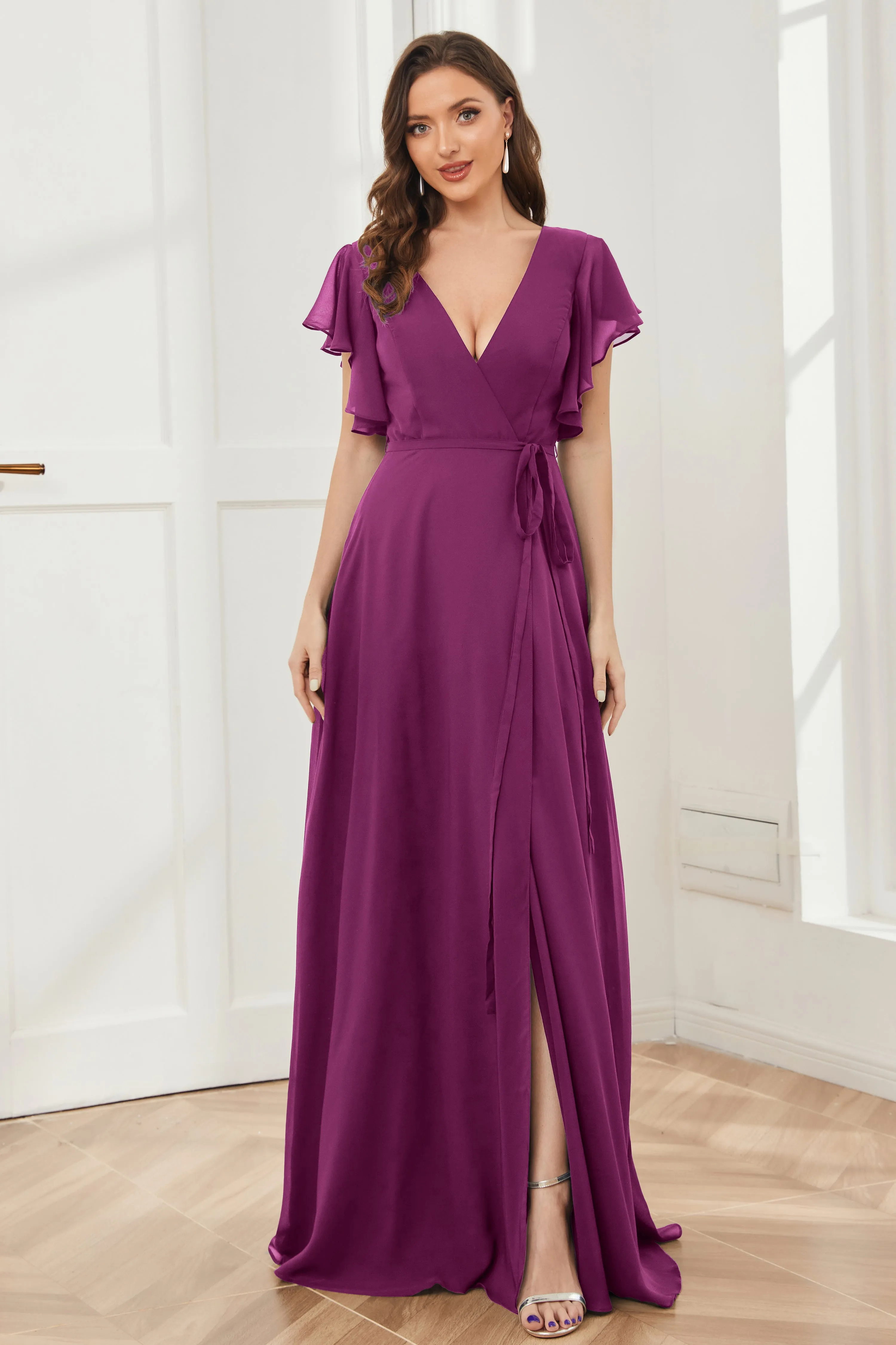 V-neck Ruffles Sleeves Chiffon Bridesmaid Dresses with Slit