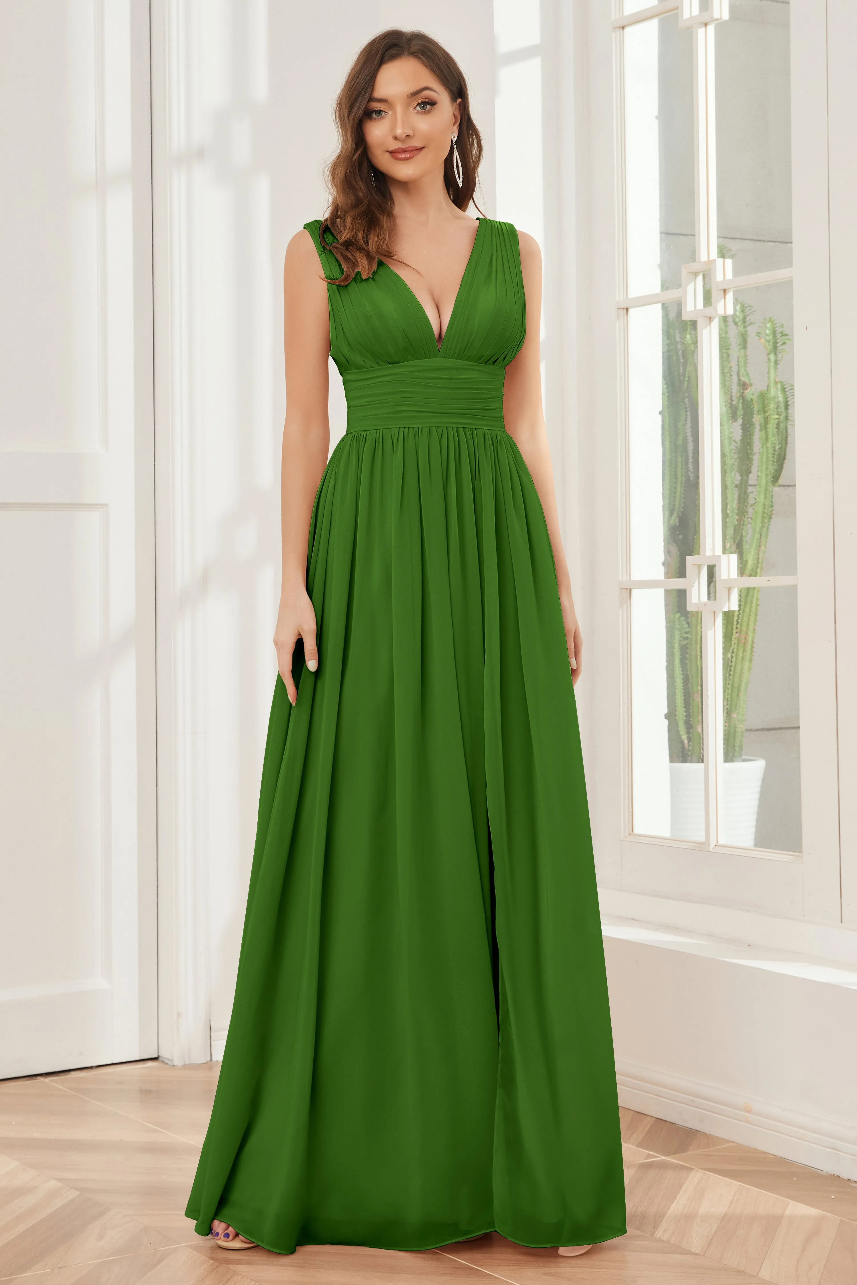 V-neck Split Chiffon Long Bridesmaid Dresses