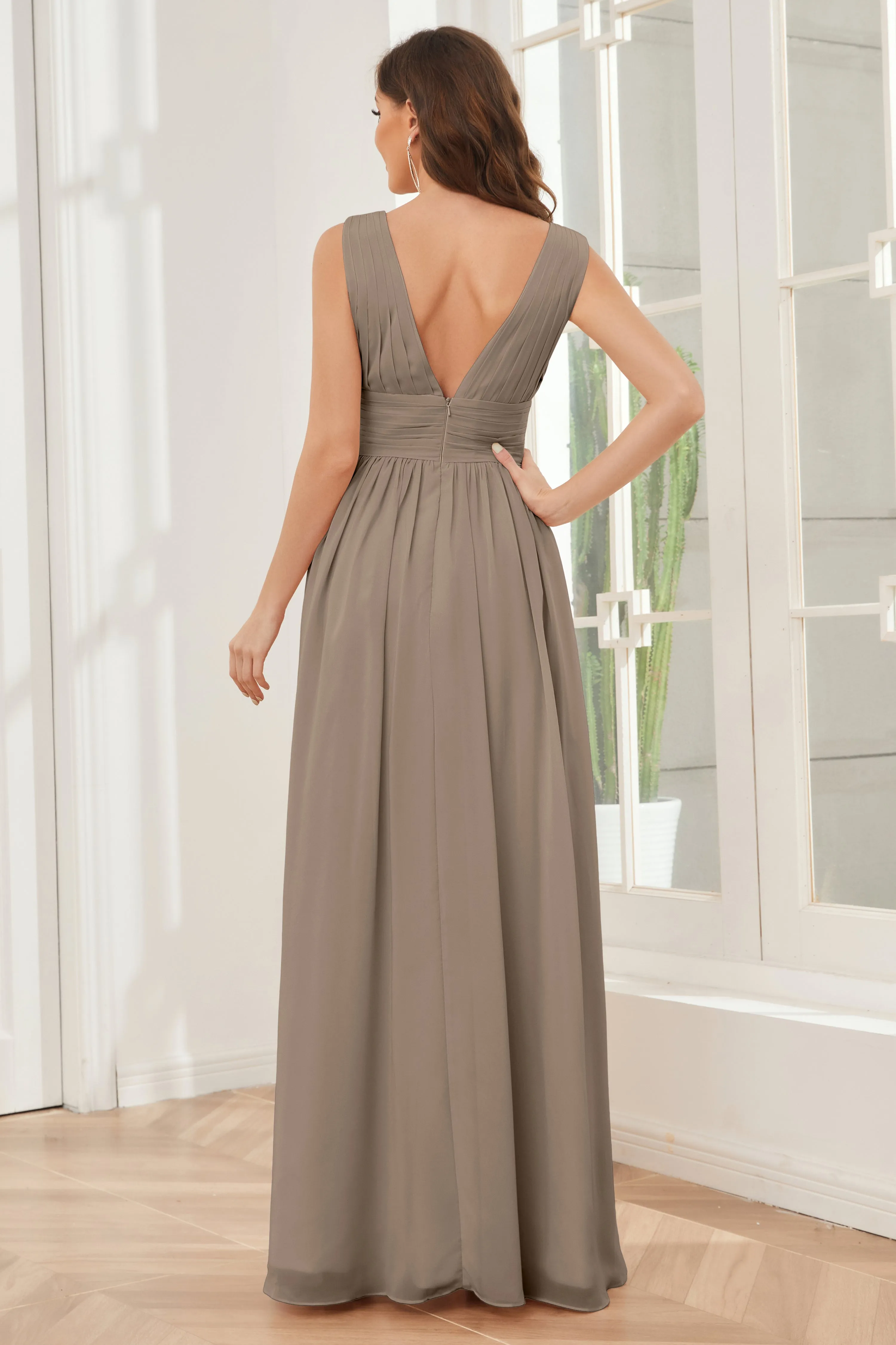 V-neck Split Chiffon Long Bridesmaid Dresses