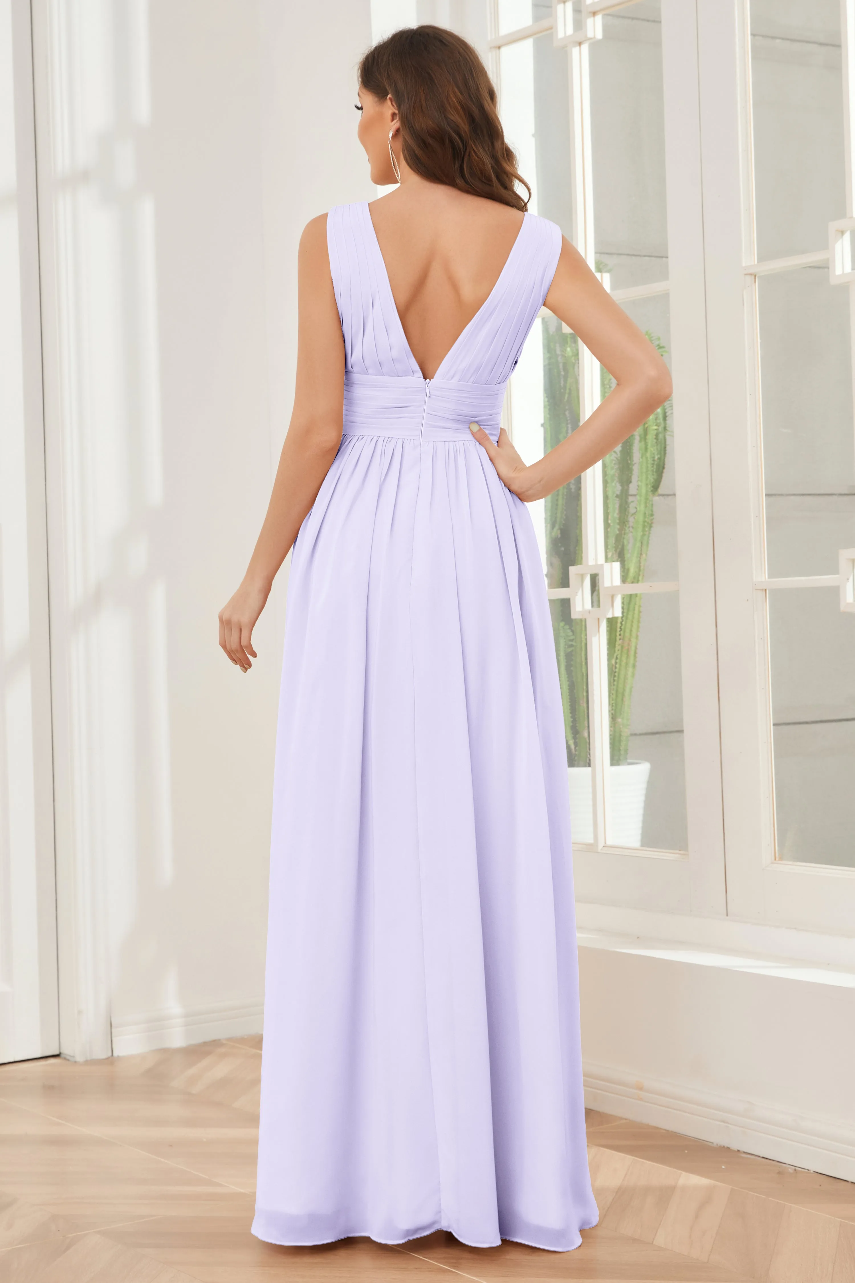 V-neck Split Chiffon Long Bridesmaid Dresses