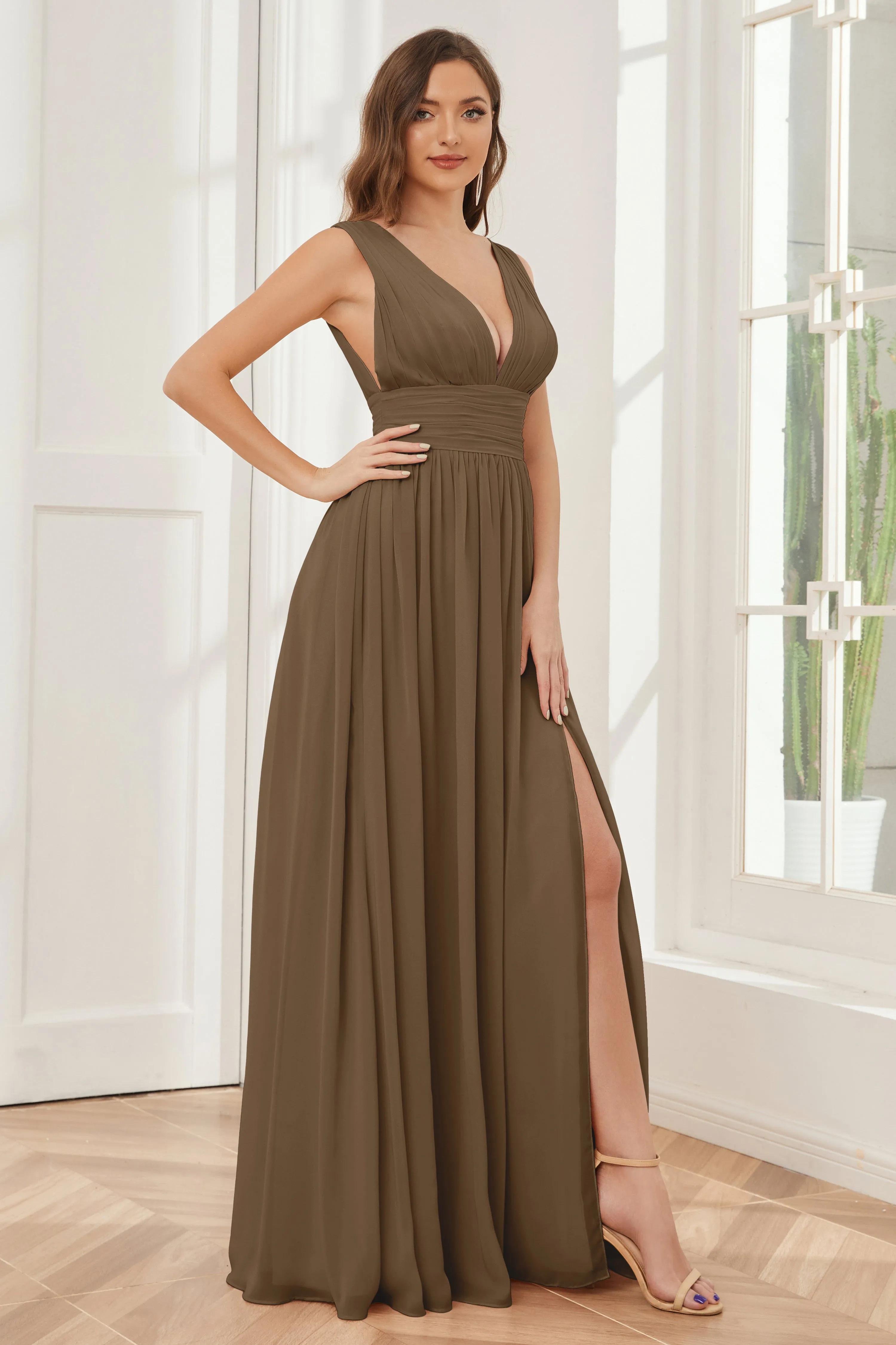 V-neck Split Chiffon Long Bridesmaid Dresses