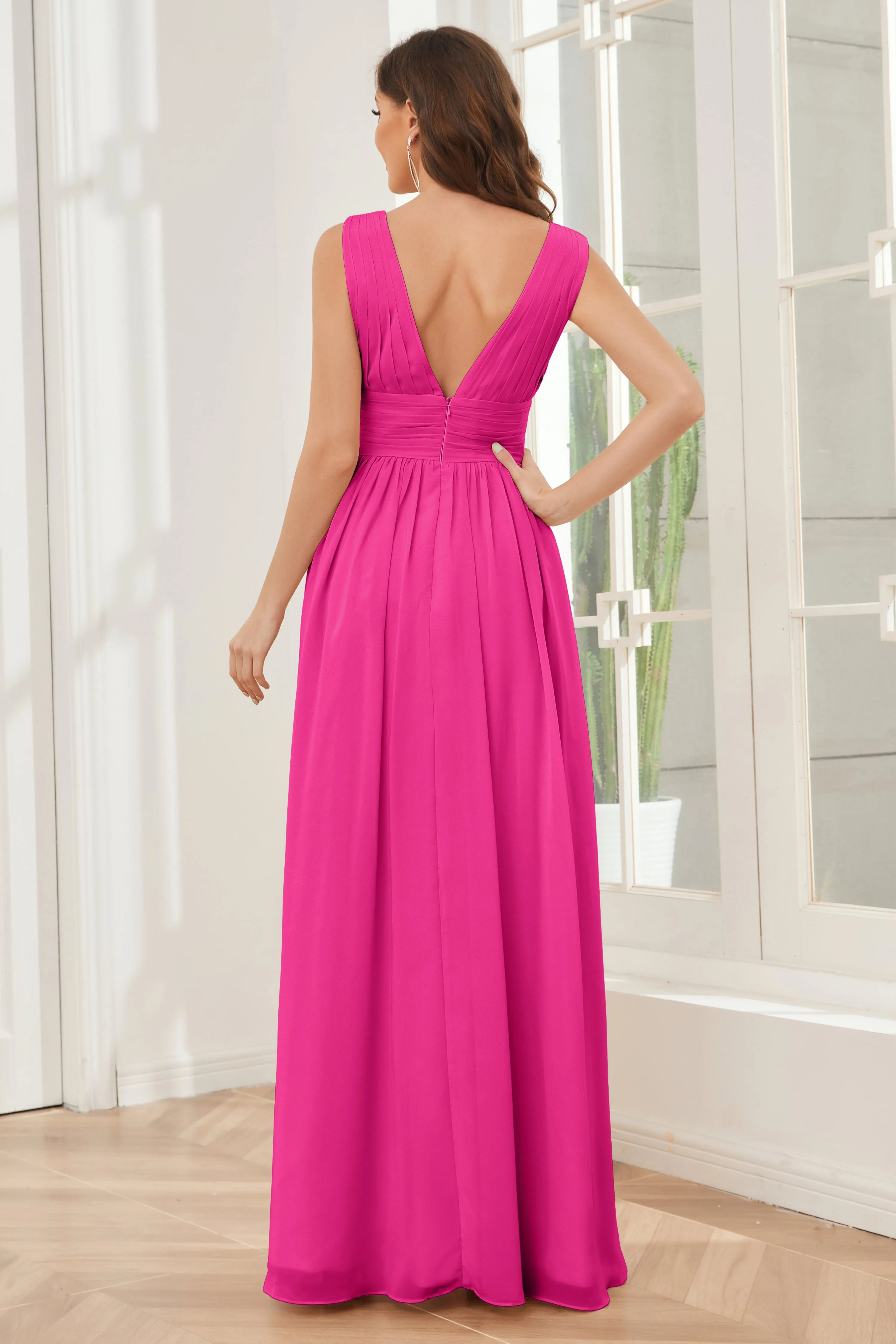 V-neck Split Chiffon Long Bridesmaid Dresses