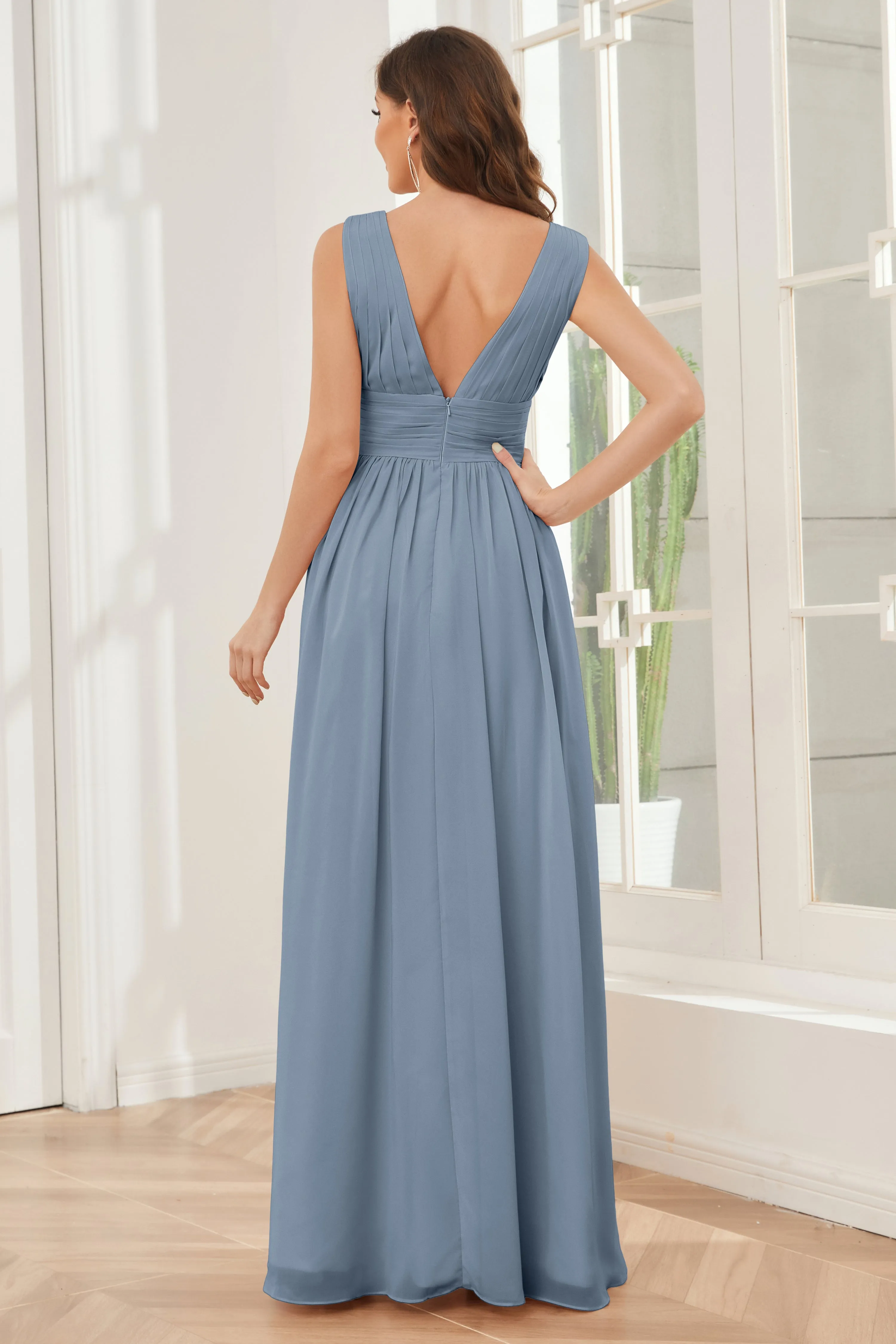 V-neck Split Chiffon Long Bridesmaid Dresses