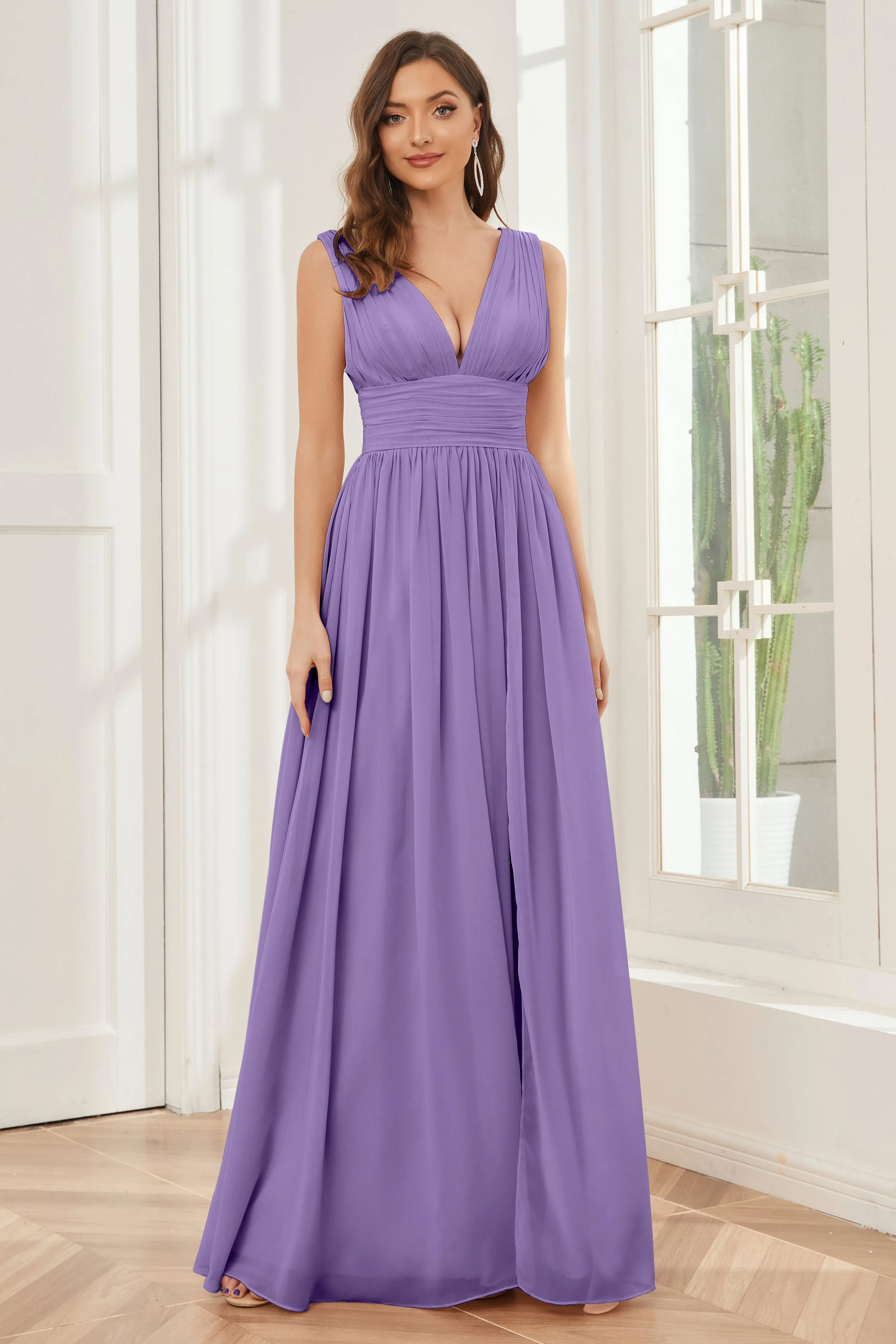 V-neck Split Chiffon Long Bridesmaid Dresses