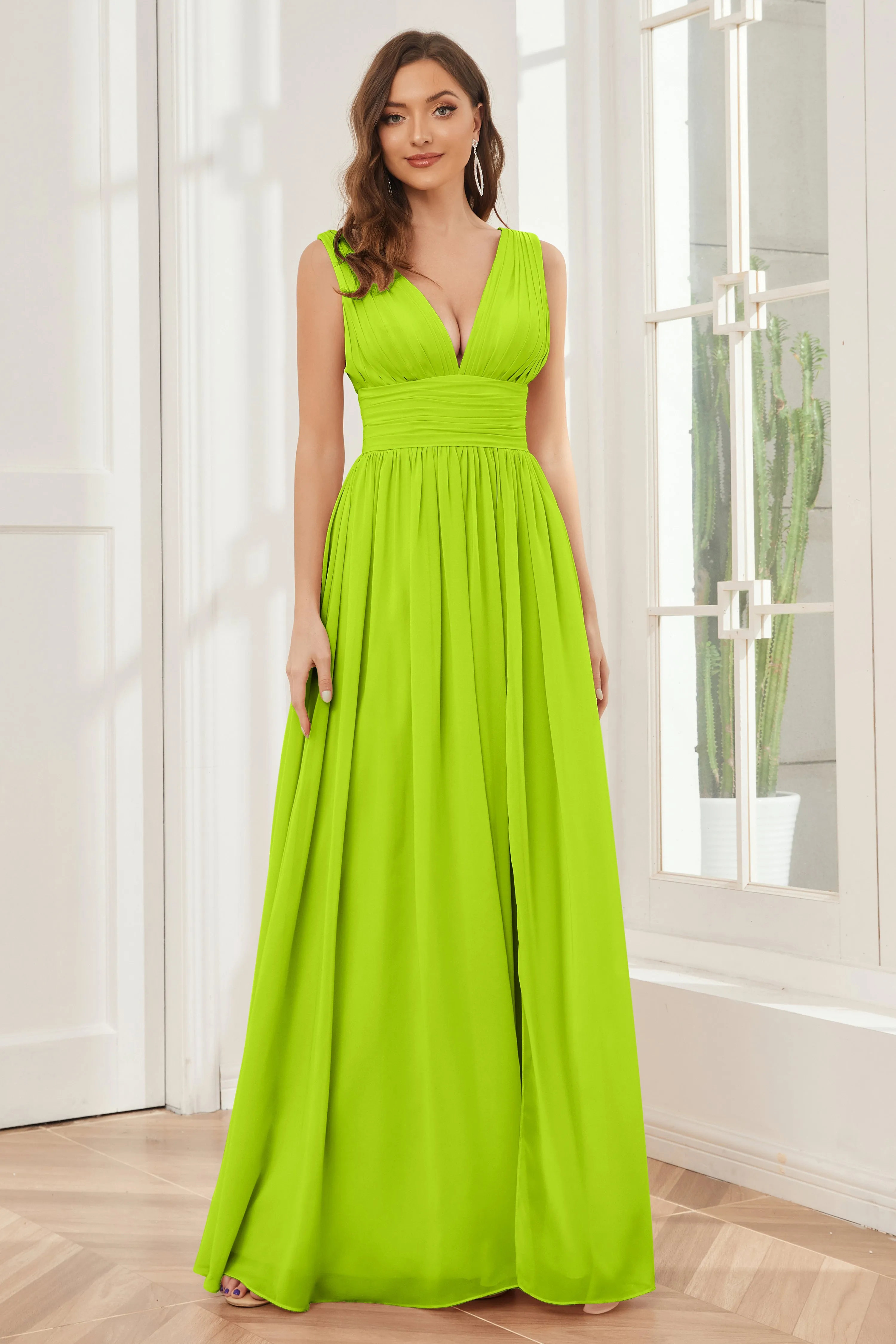 V-neck Split Chiffon Long Bridesmaid Dresses