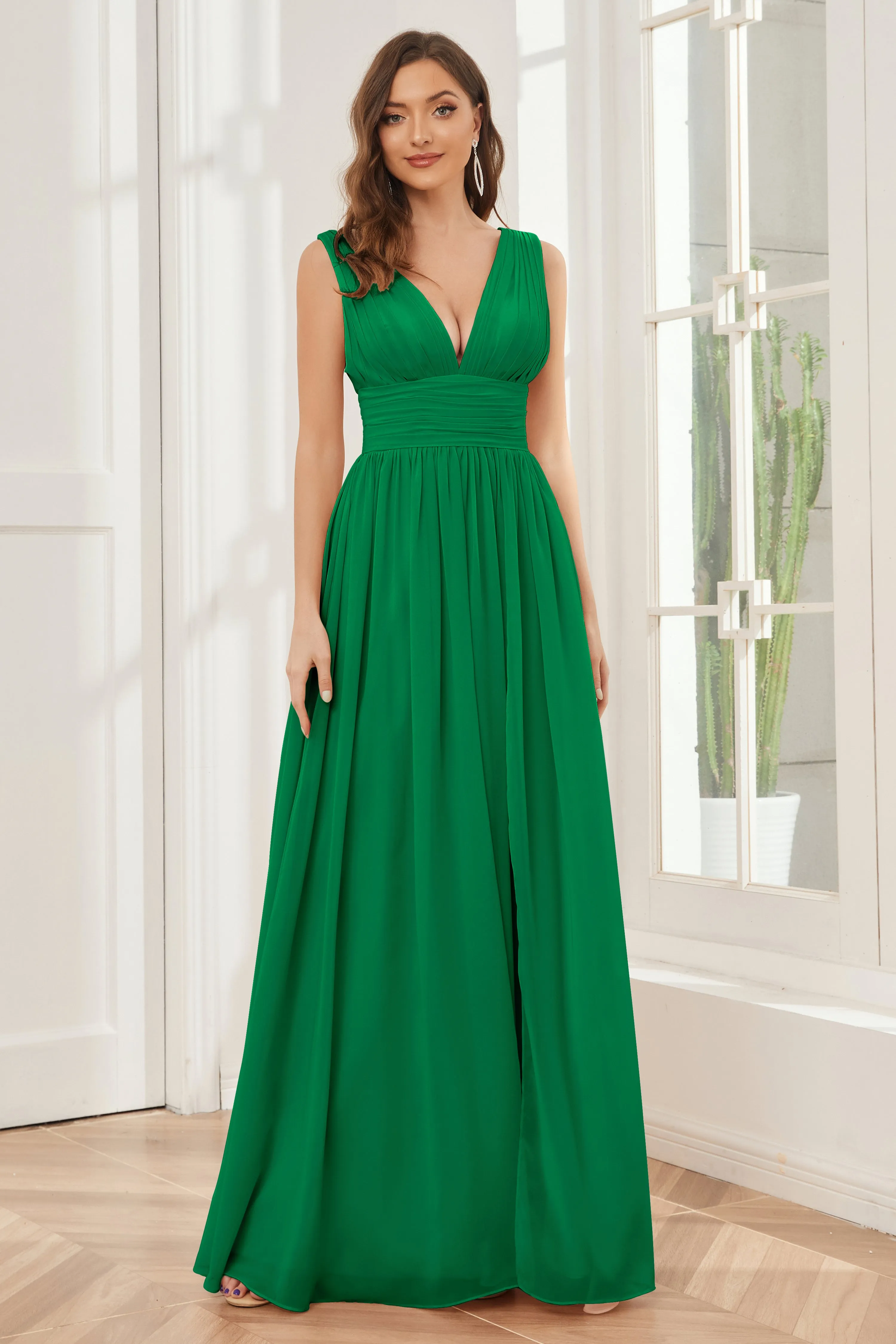 V-neck Split Chiffon Long Bridesmaid Dresses