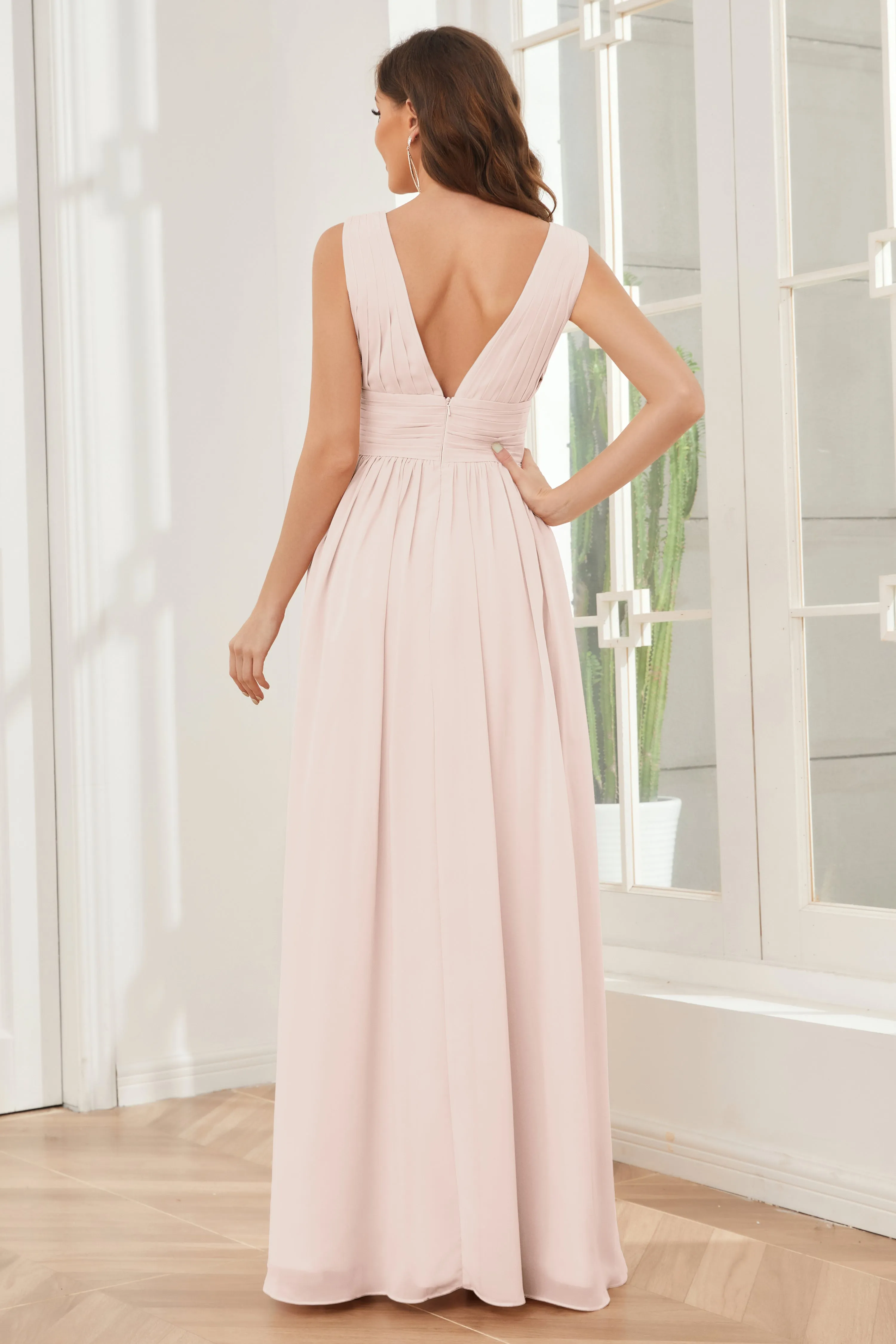 V-neck Split Chiffon Long Bridesmaid Dresses