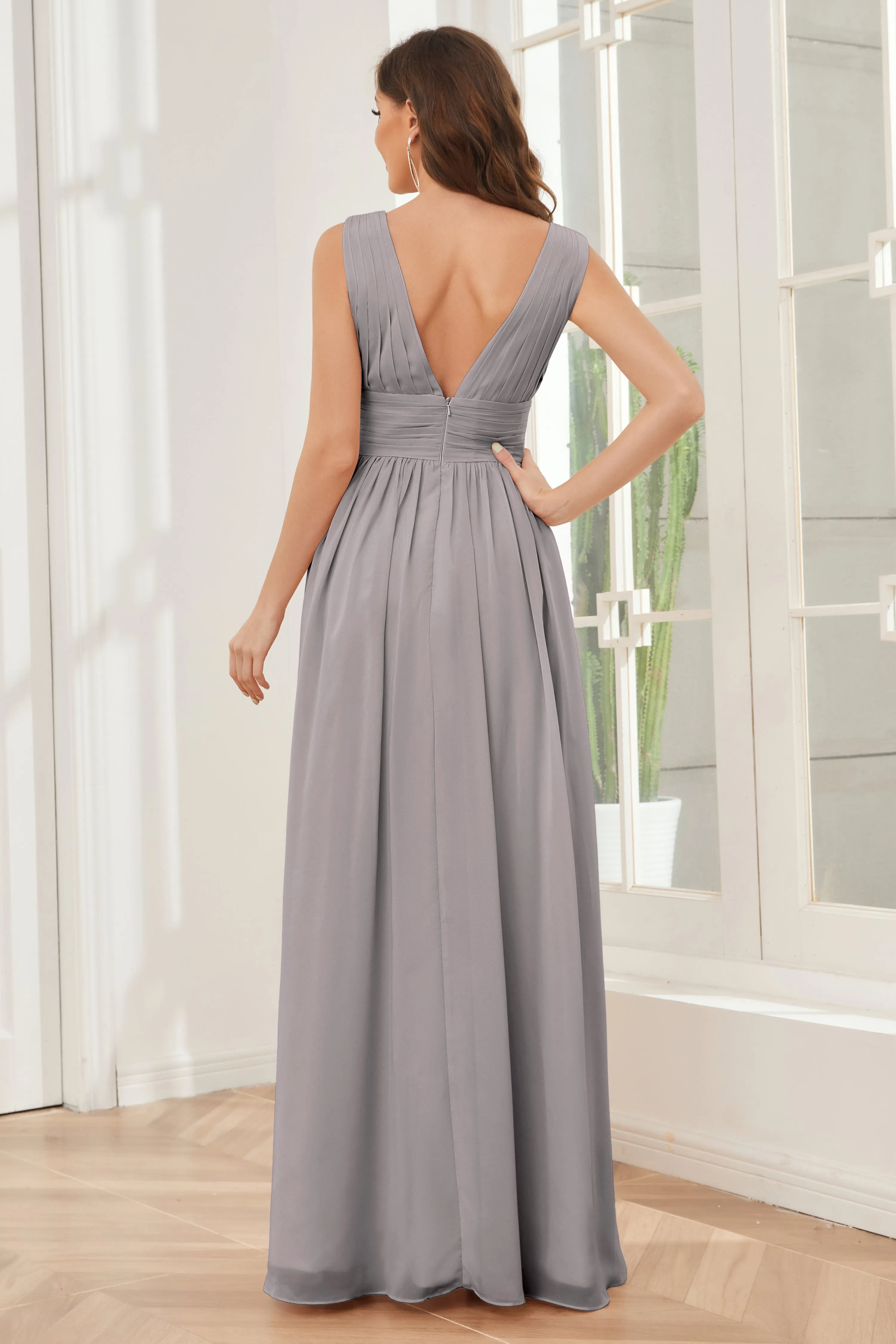 V-neck Split Chiffon Long Bridesmaid Dresses