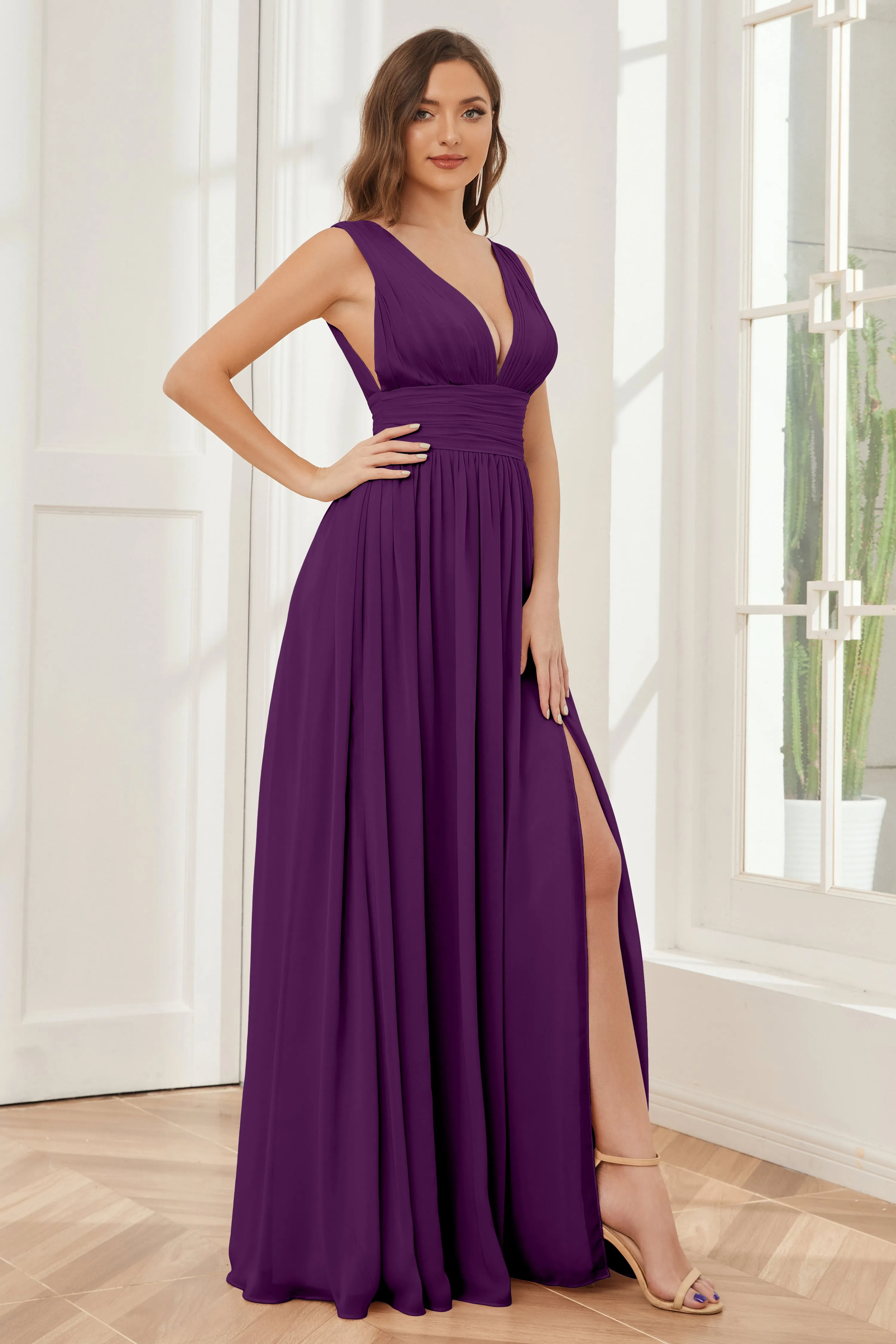 V-neck Split Chiffon Long Bridesmaid Dresses