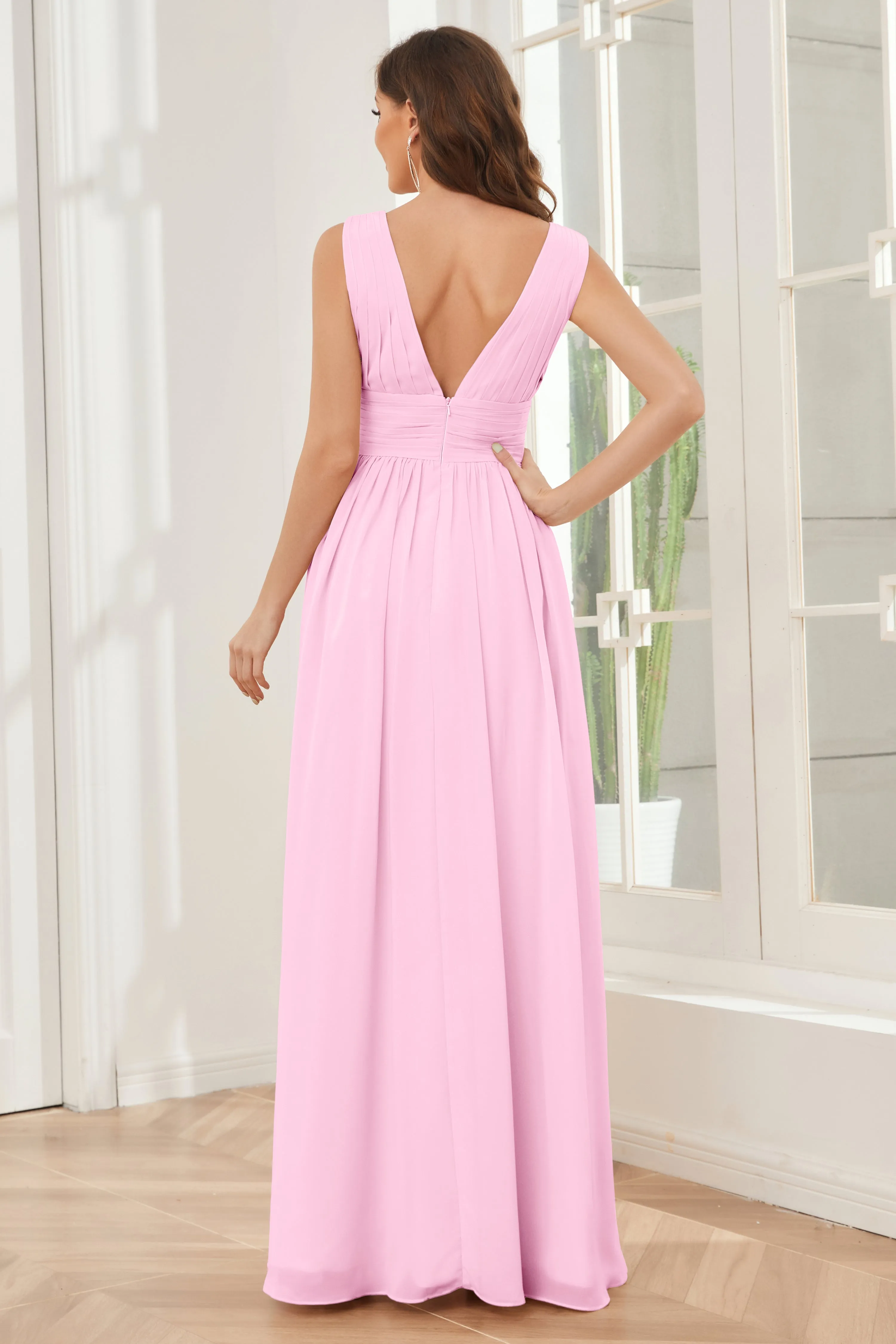 V-neck Split Chiffon Long Bridesmaid Dresses