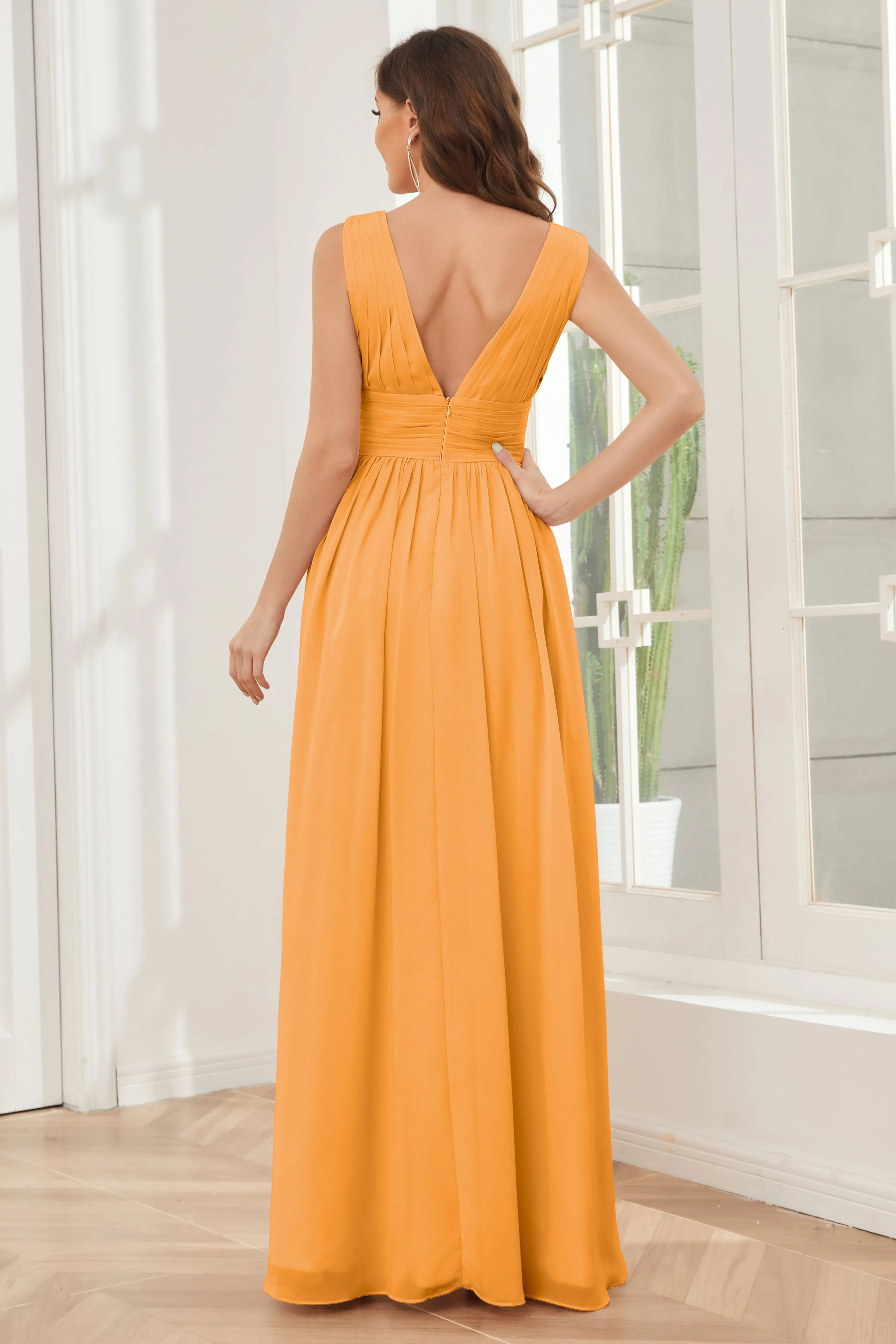 V-neck Split Chiffon Long Bridesmaid Dresses