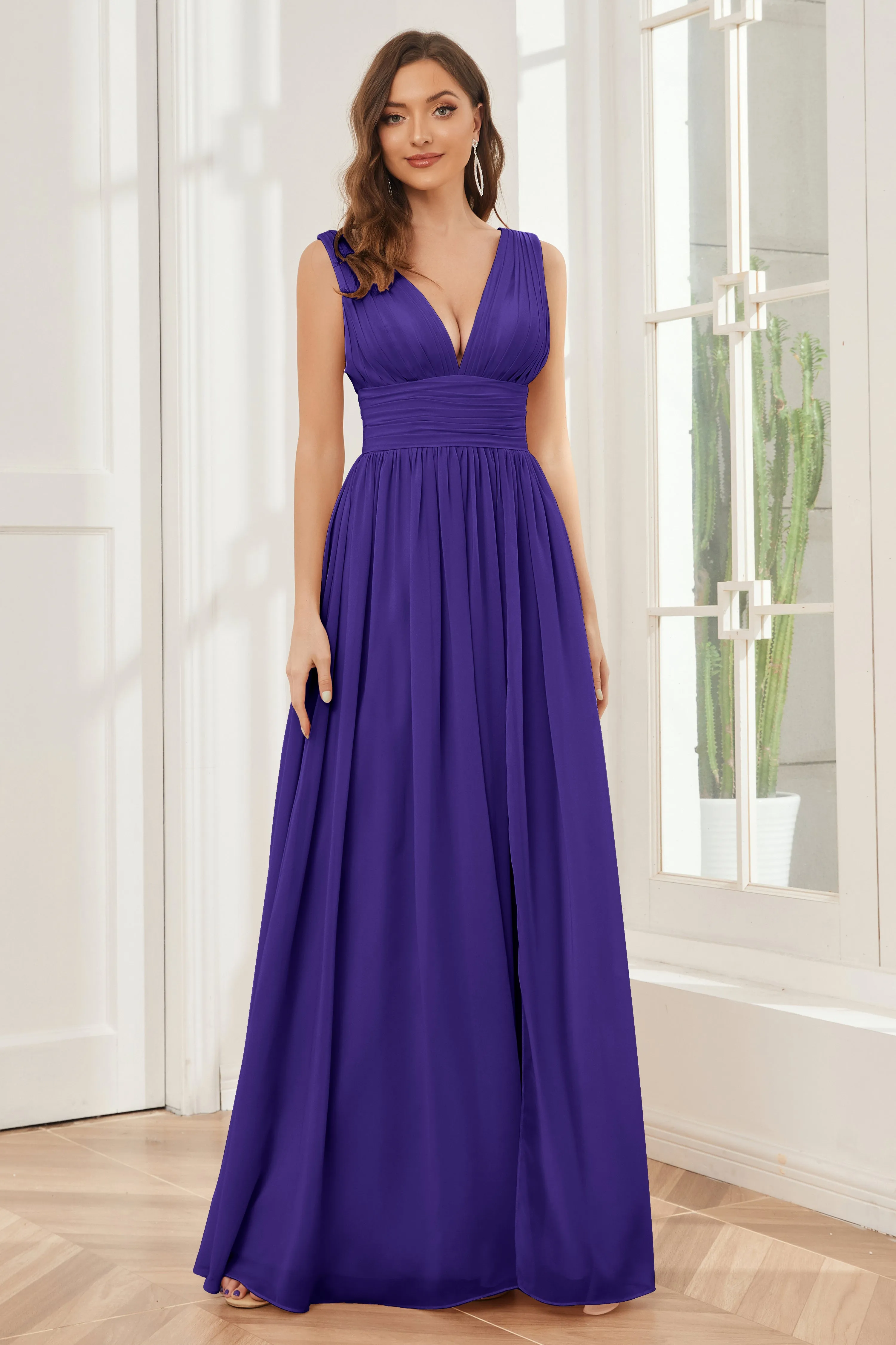 V-neck Split Chiffon Long Bridesmaid Dresses