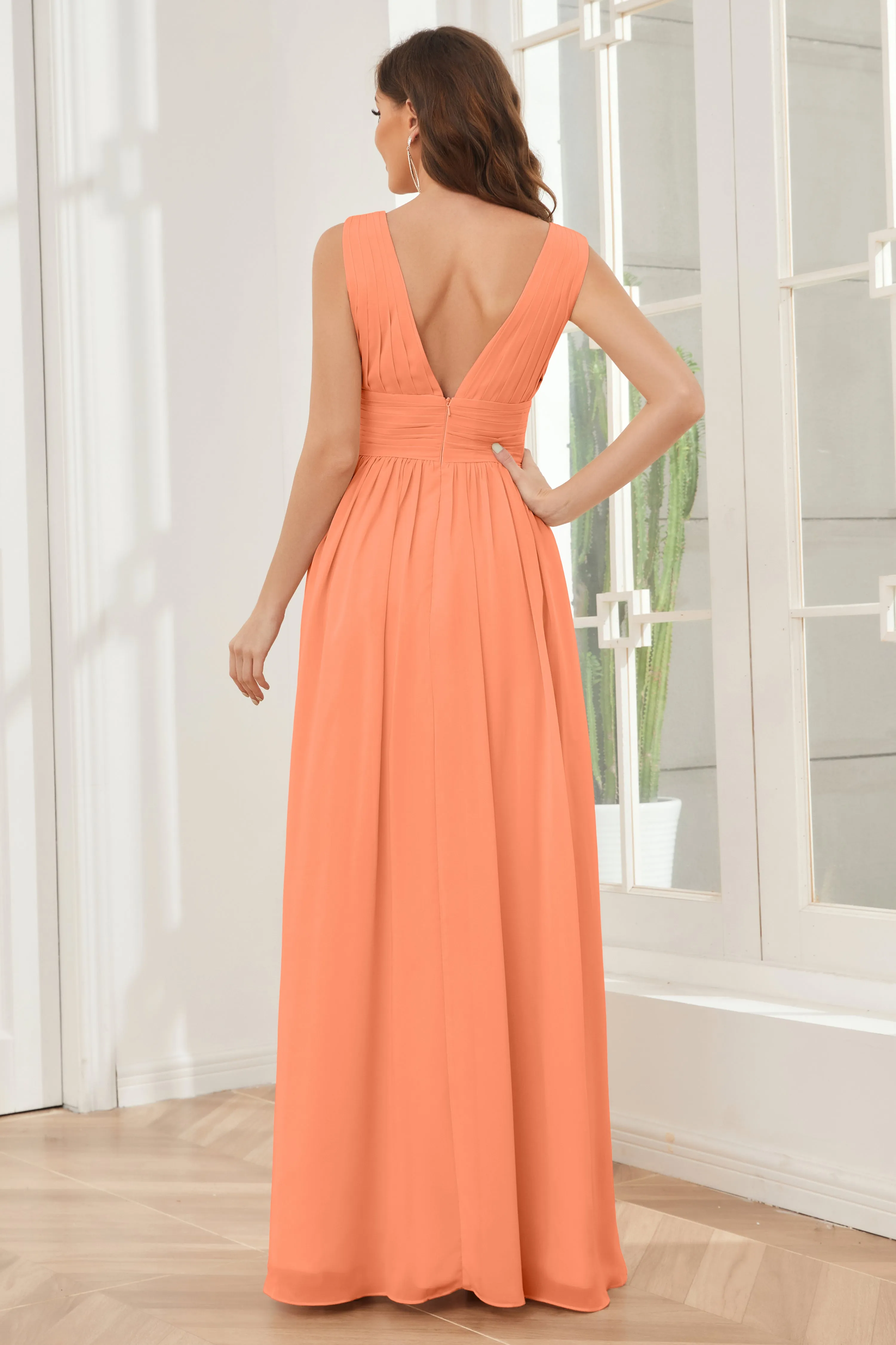 V-neck Split Chiffon Long Bridesmaid Dresses