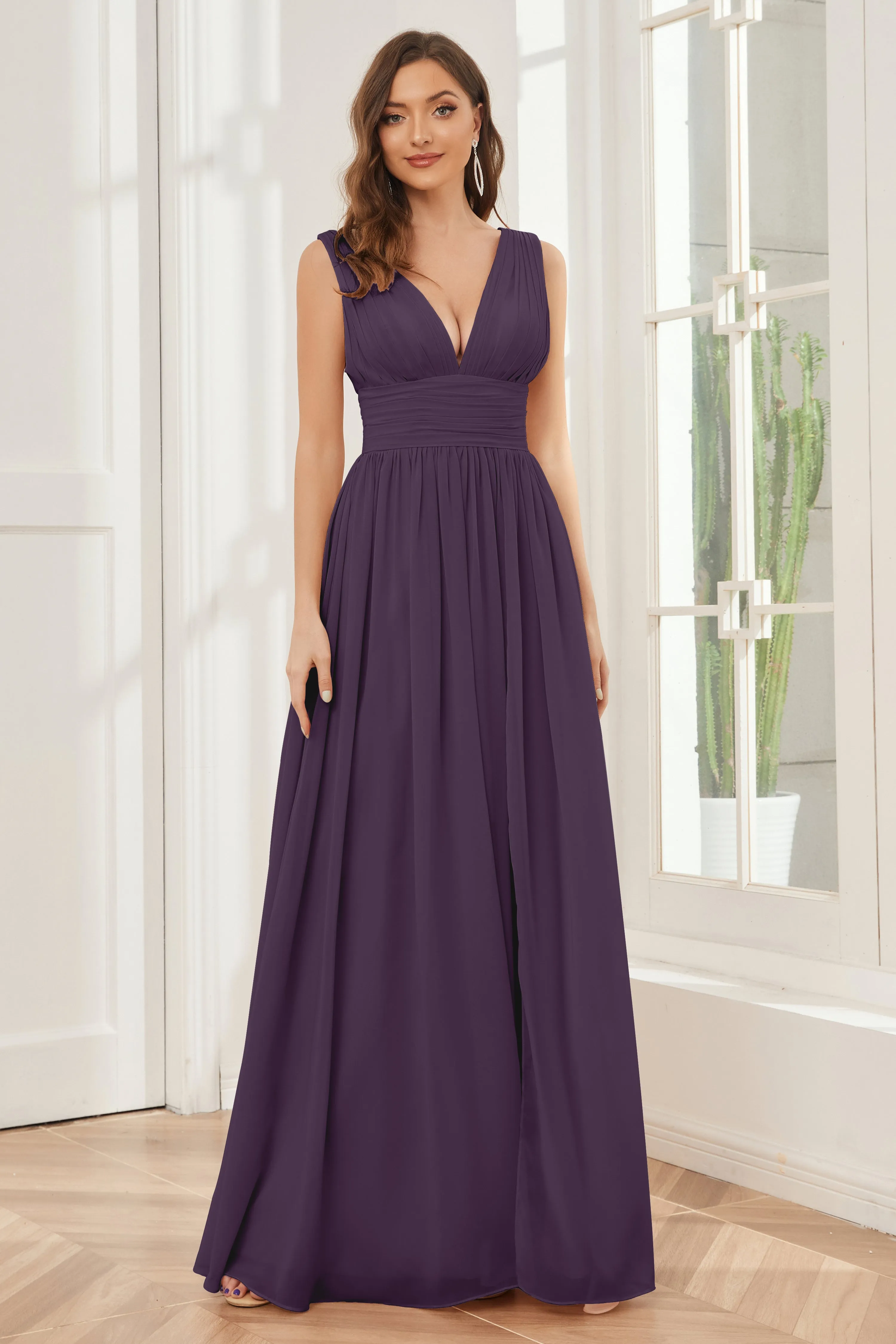 V-neck Split Chiffon Long Bridesmaid Dresses