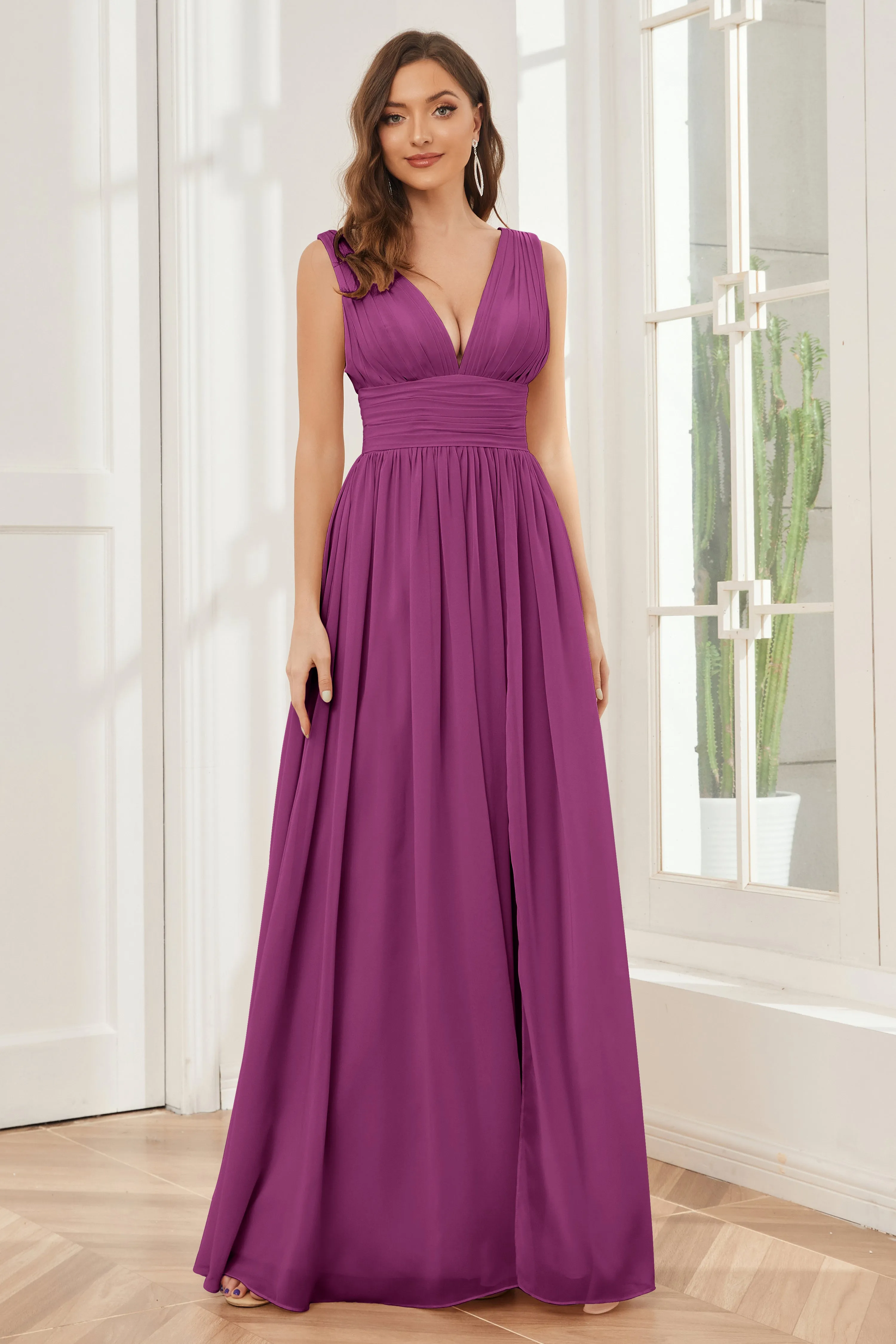 V-neck Split Chiffon Long Bridesmaid Dresses