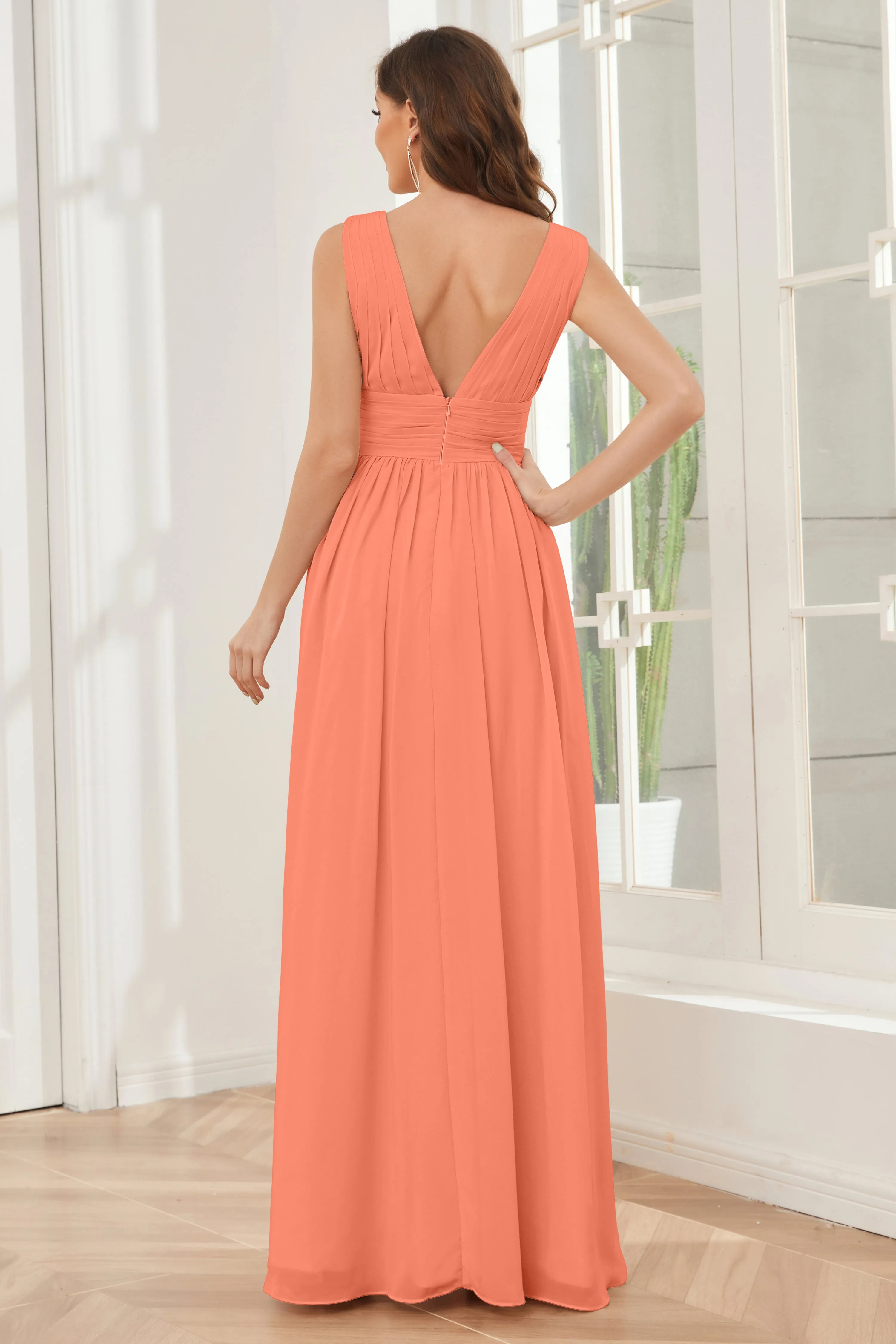 V-neck Split Chiffon Long Bridesmaid Dresses