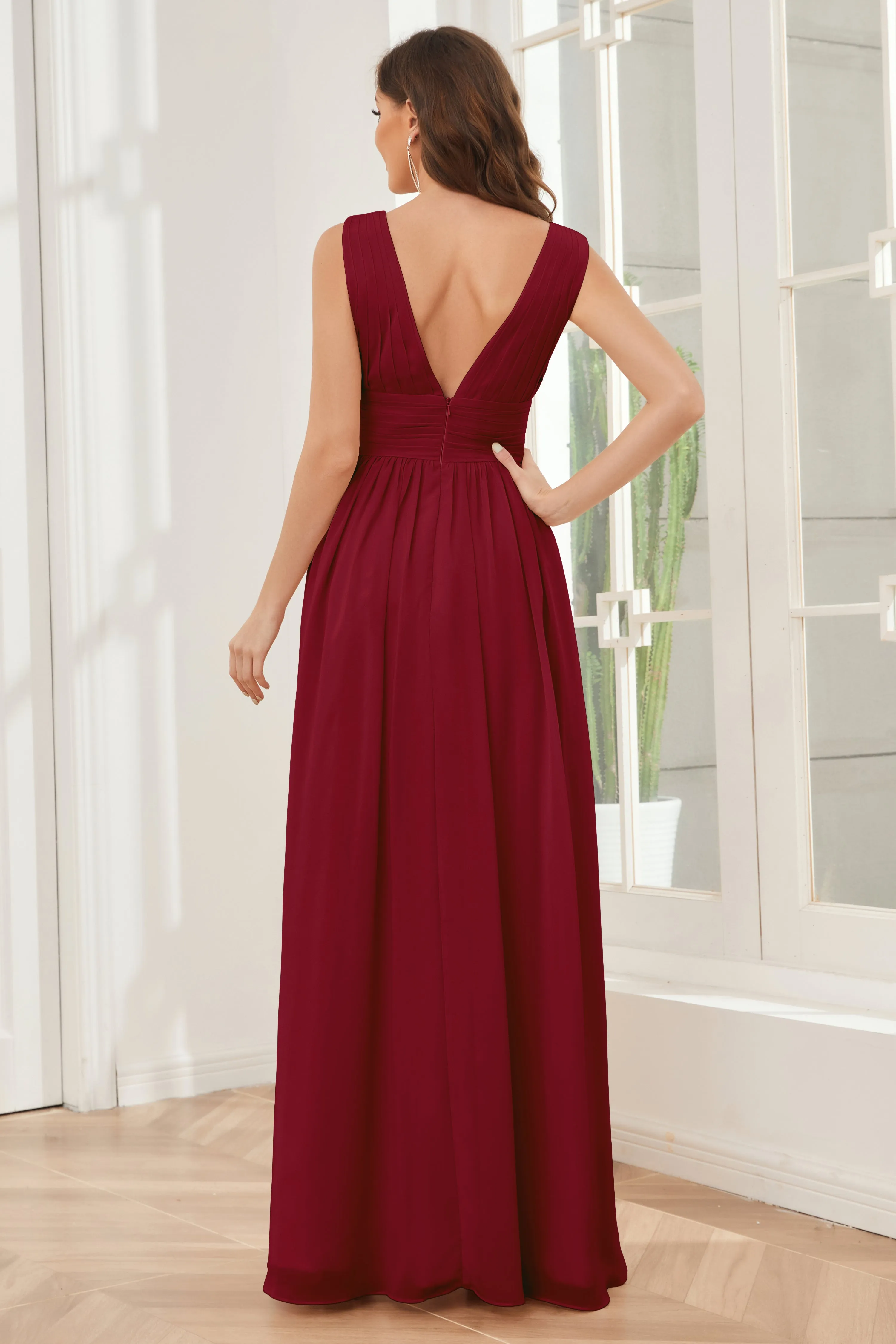 V-neck Split Chiffon Long Bridesmaid Dresses