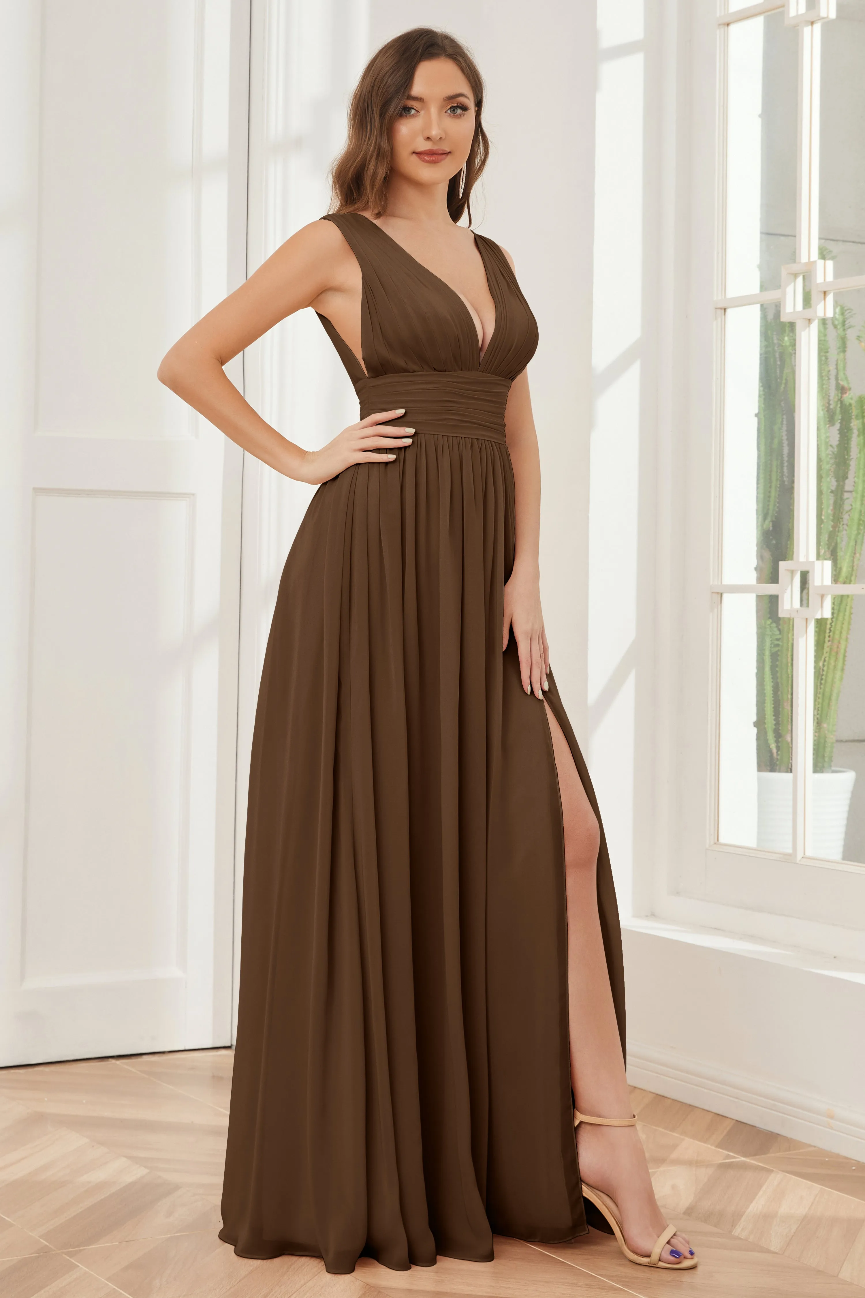 V-neck Split Chiffon Long Bridesmaid Dresses