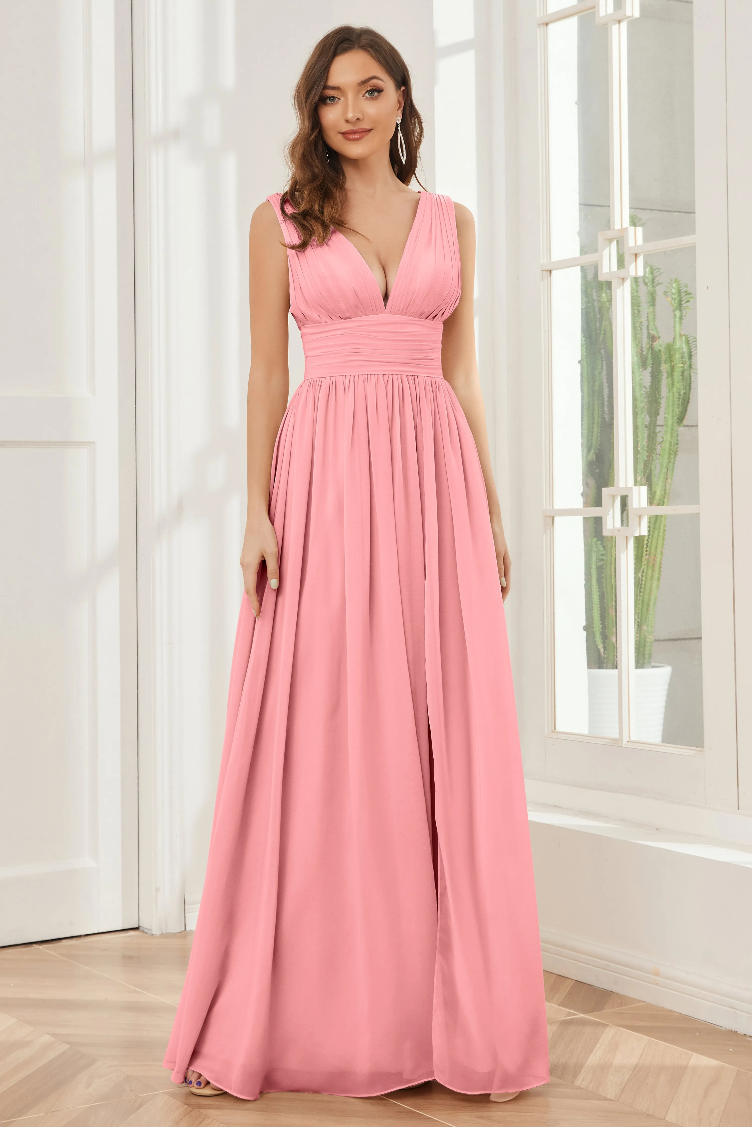 V-neck Split Chiffon Long Bridesmaid Dresses