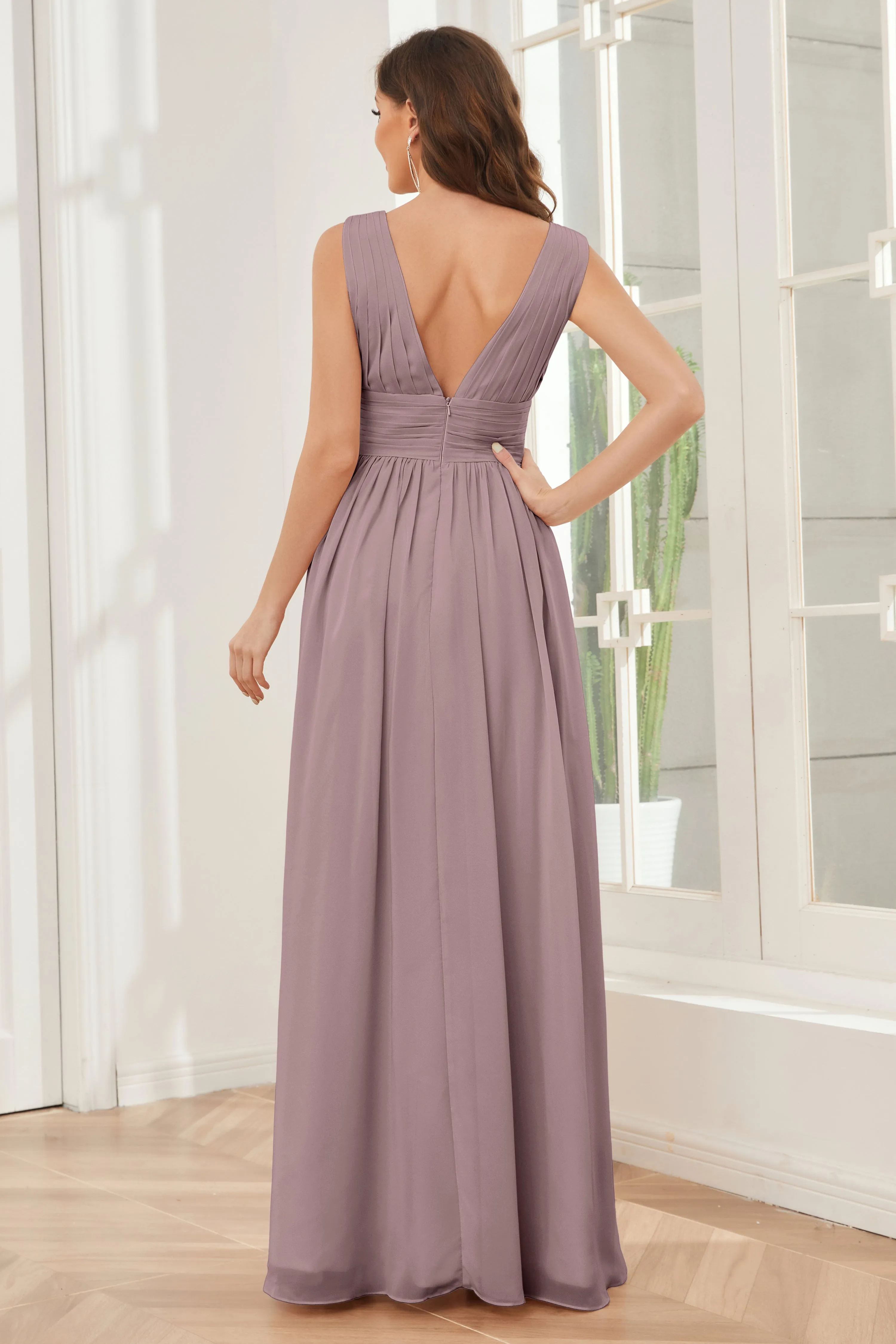 V-neck Split Chiffon Long Bridesmaid Dresses