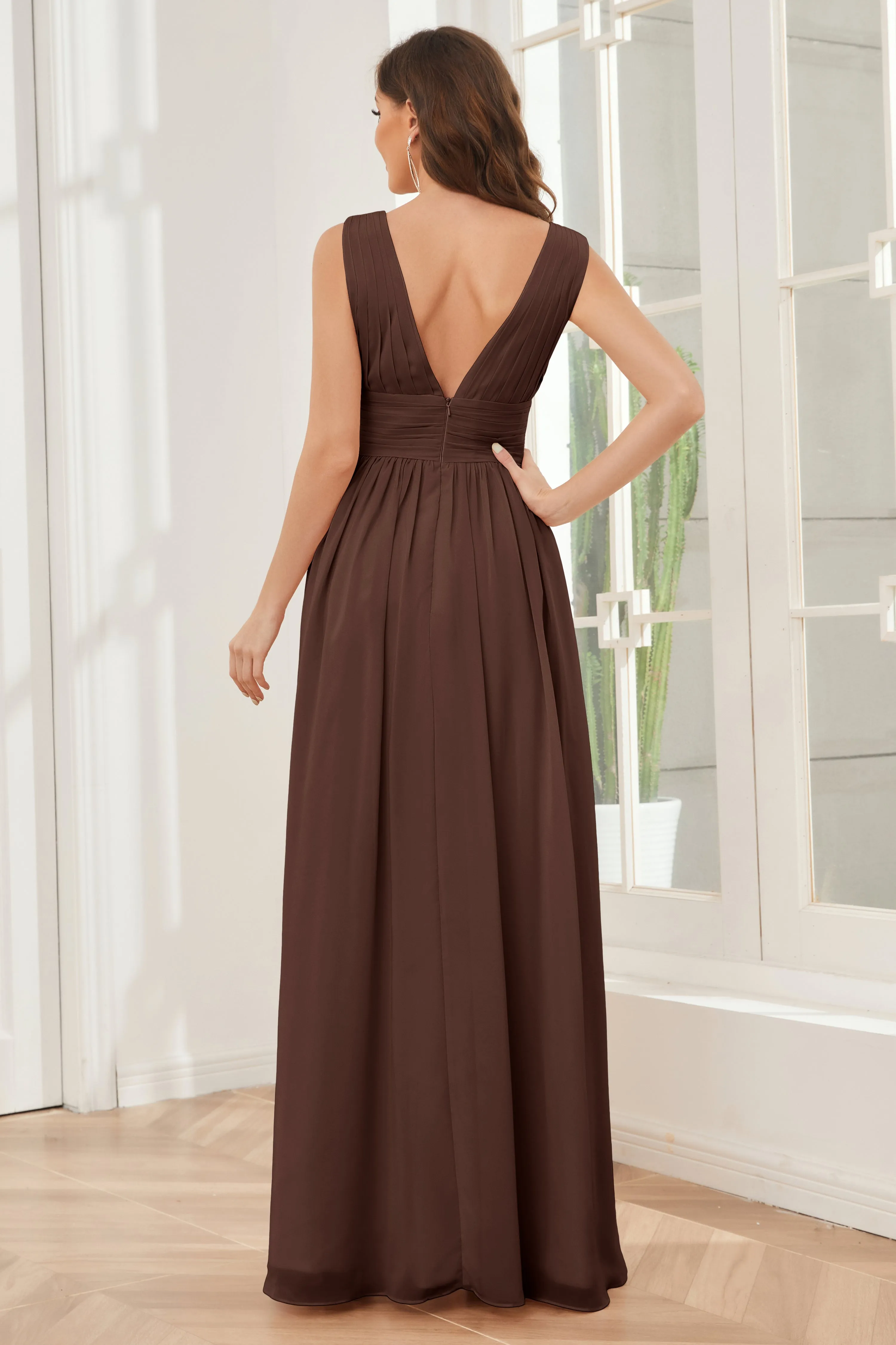 V-neck Split Chiffon Long Bridesmaid Dresses