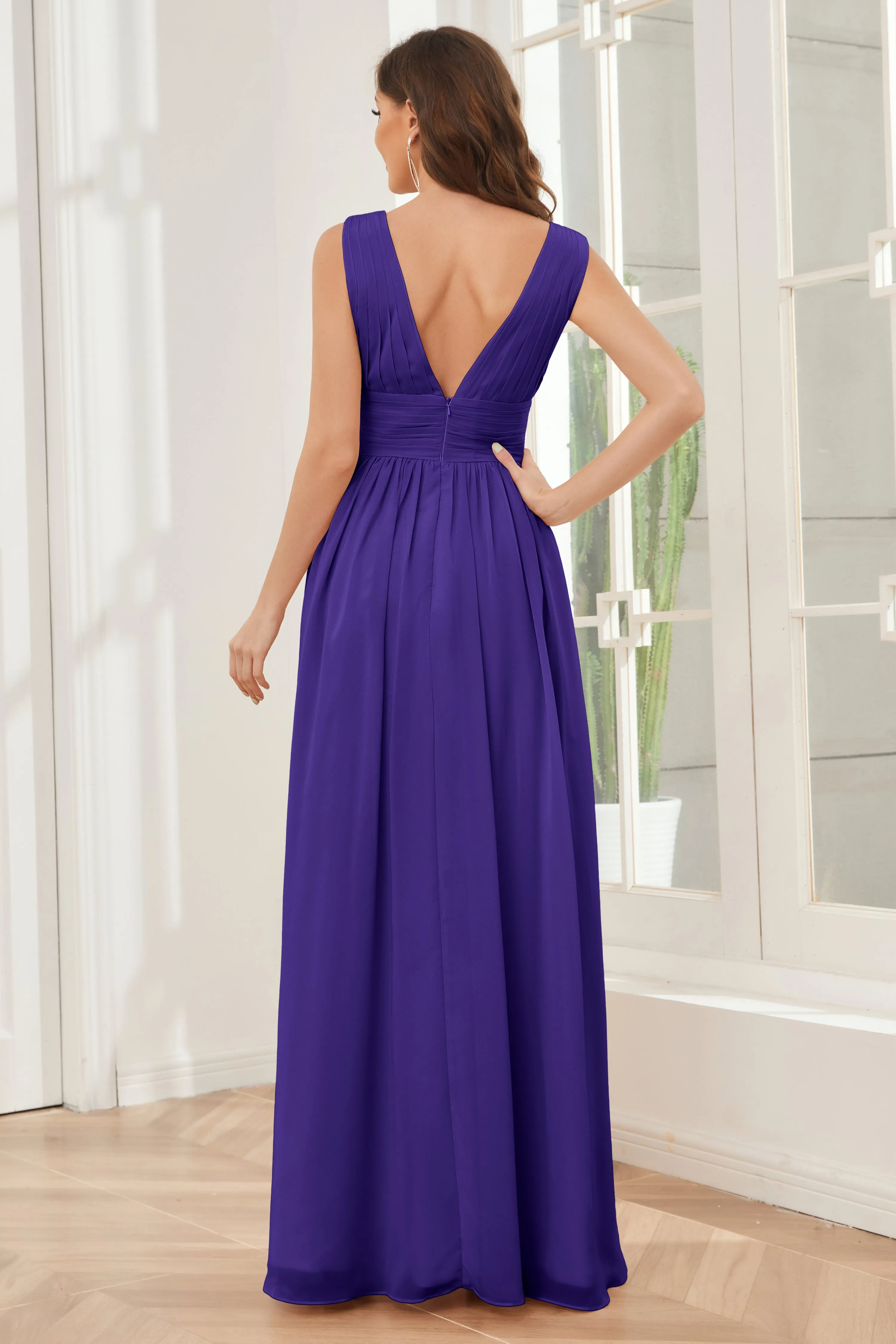 V-neck Split Chiffon Long Bridesmaid Dresses