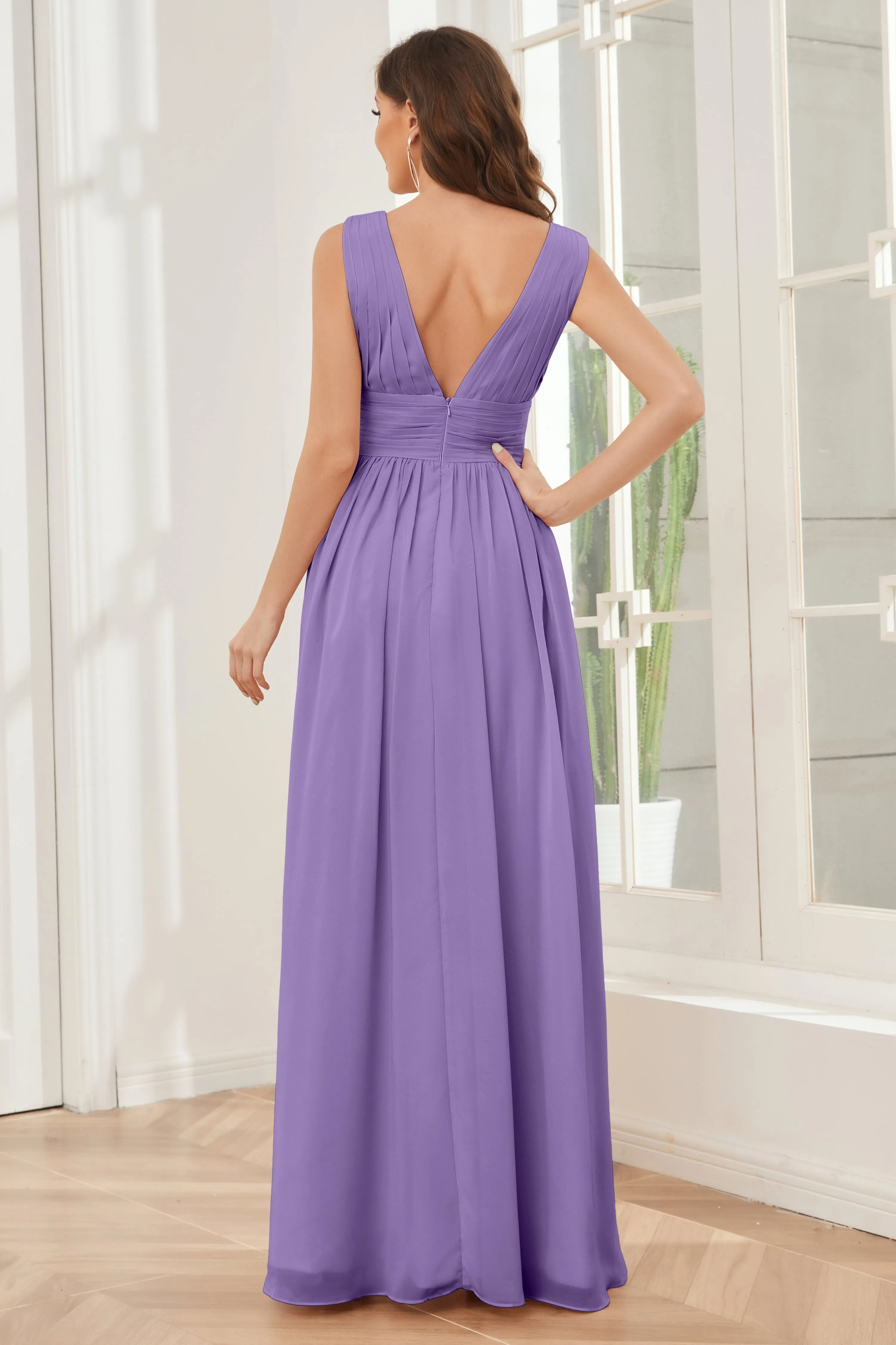 V-neck Split Chiffon Long Bridesmaid Dresses